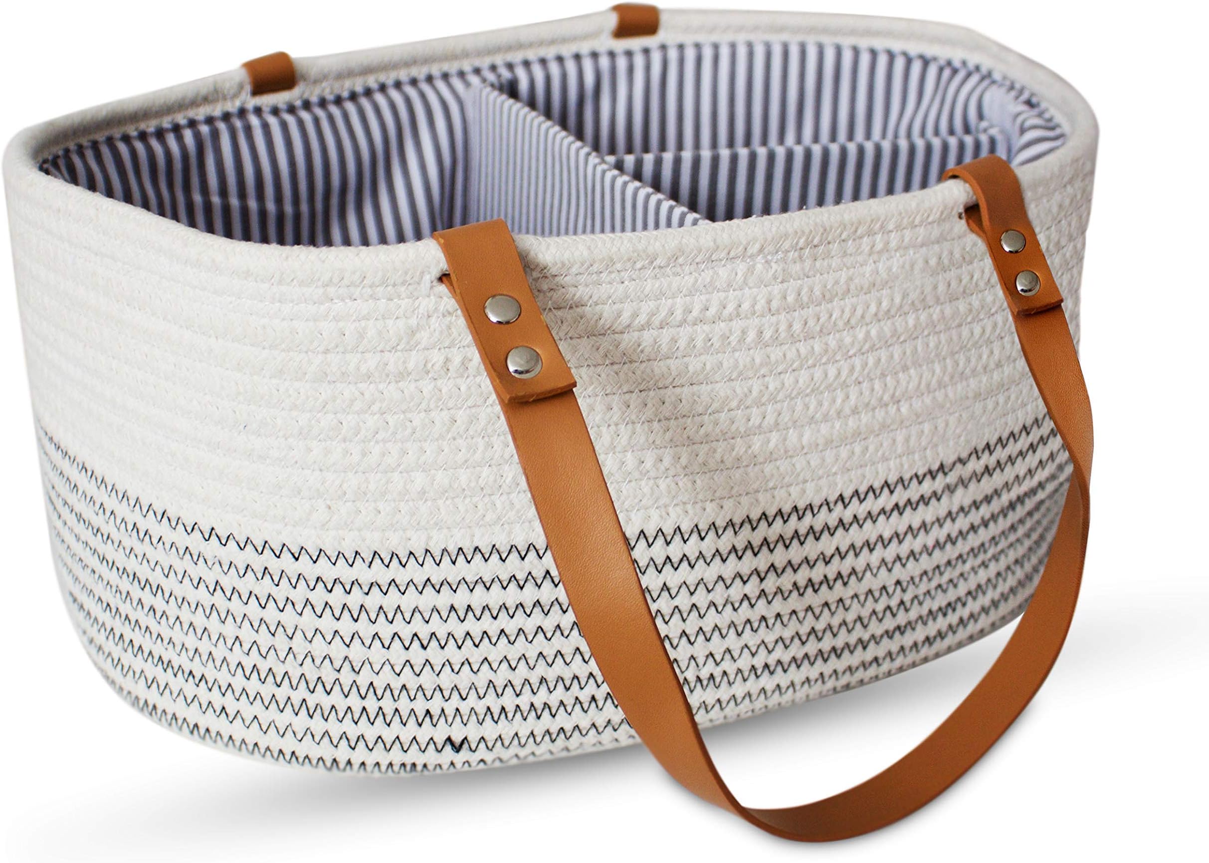 Rope Baby Diaper Caddy Organizer – Trendy Nursery Storage Bin – Large Woven Cotton Tote with Removable Inserts and Eco Leather Handles – Baby Car Organizer or Shower Gift Basket
