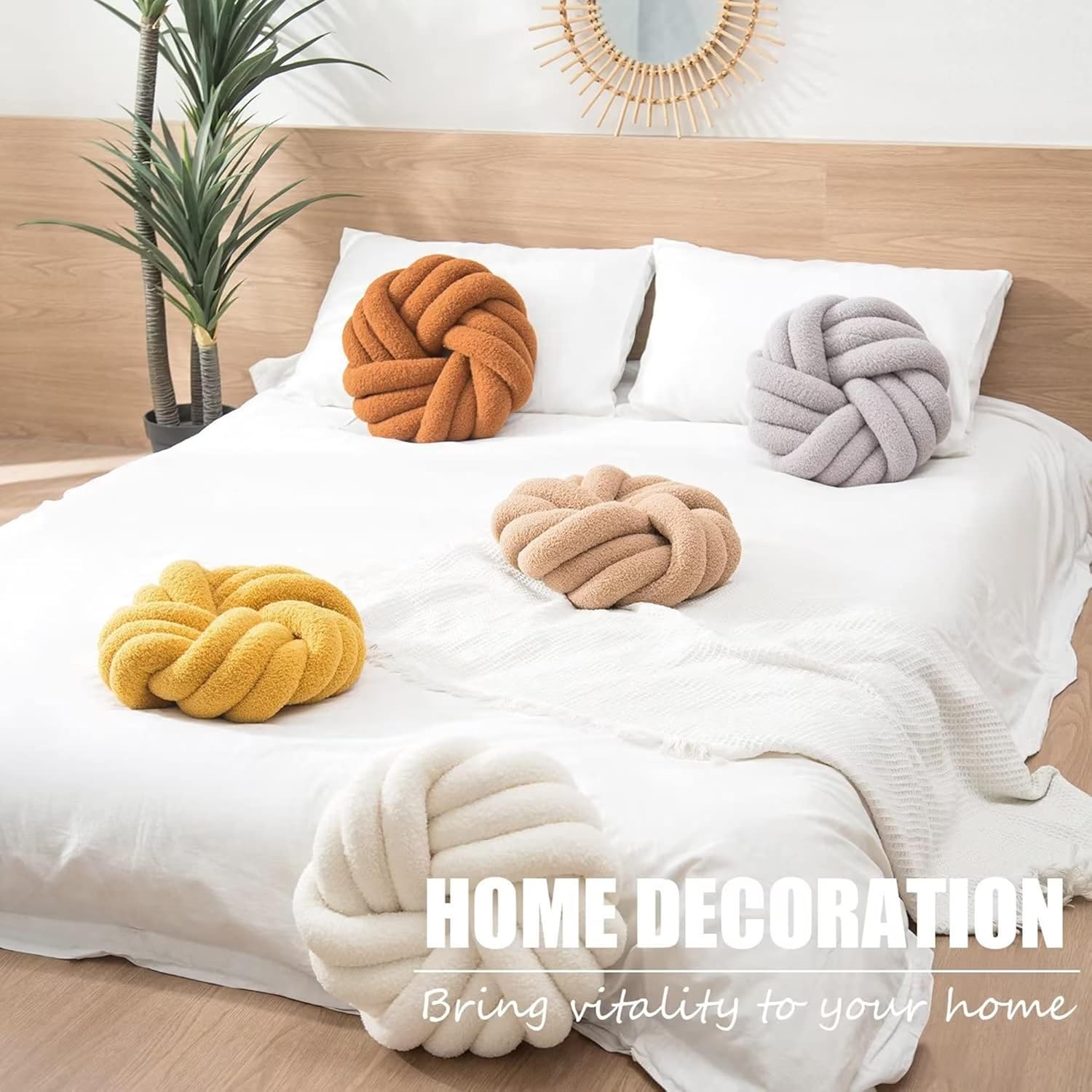 XIAIJIA Knot Pillow Ball Soft Black Round Throw Pillows Plush Knot Throw Pillow for Couch Home Decorative Knotted Pillows for Bed Living Room Floor Pillow Cushions,14 inches