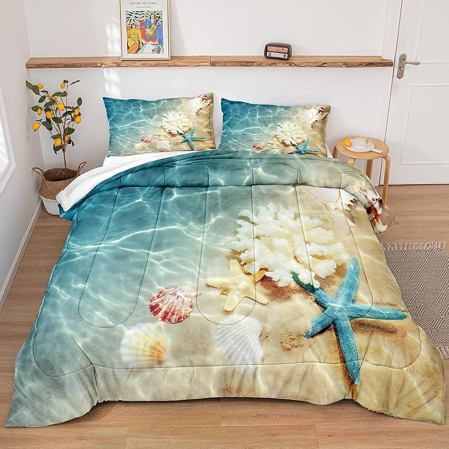 Bedbay Beach Twin Comforter Set Coastal Bedding Set Blue Ocean Seashell Starfish