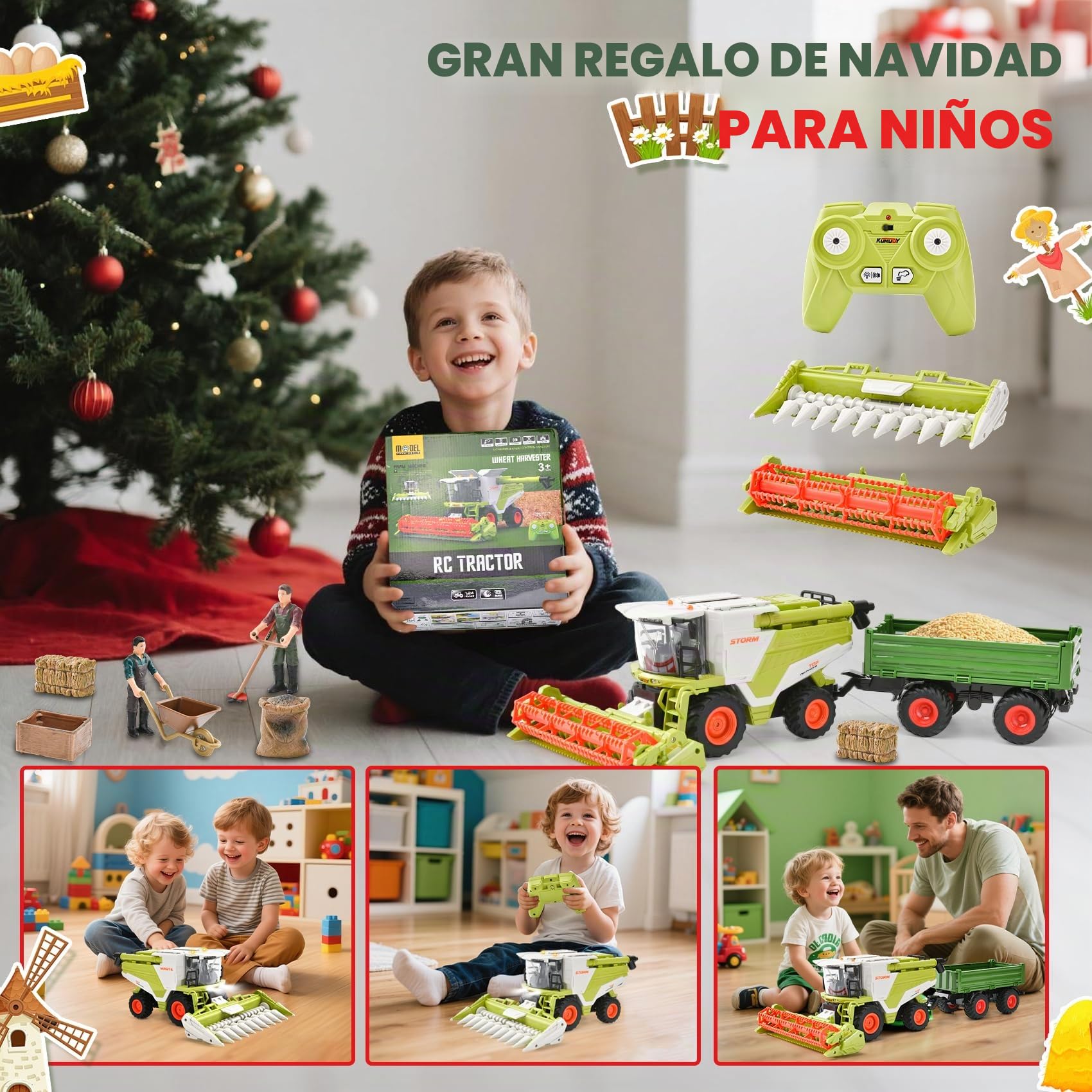 2 en 1 RC Cosechadora teledirigida grande, juguete cosechadora con luz, sonido y función de pulverización | Varios accesorios para escenarios de granja niños de 3 a 8 años
