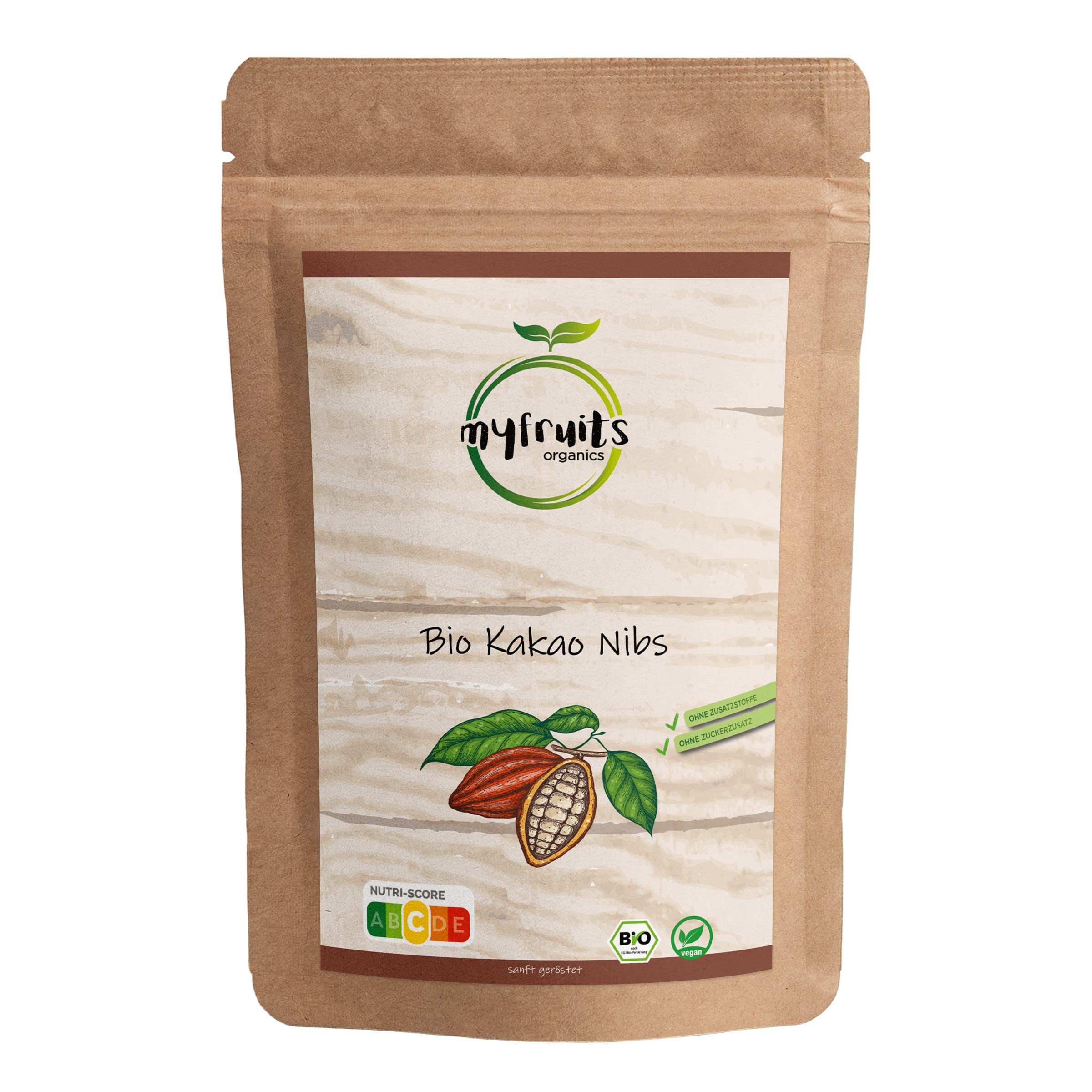 myfruits Bio Nibs kakao, 1000 g, kukurydza kakaowa bez dodatków, bez cukru, delikatnie prażone dla uzyskania czekoladowego smaku, do pieczenia lub musli