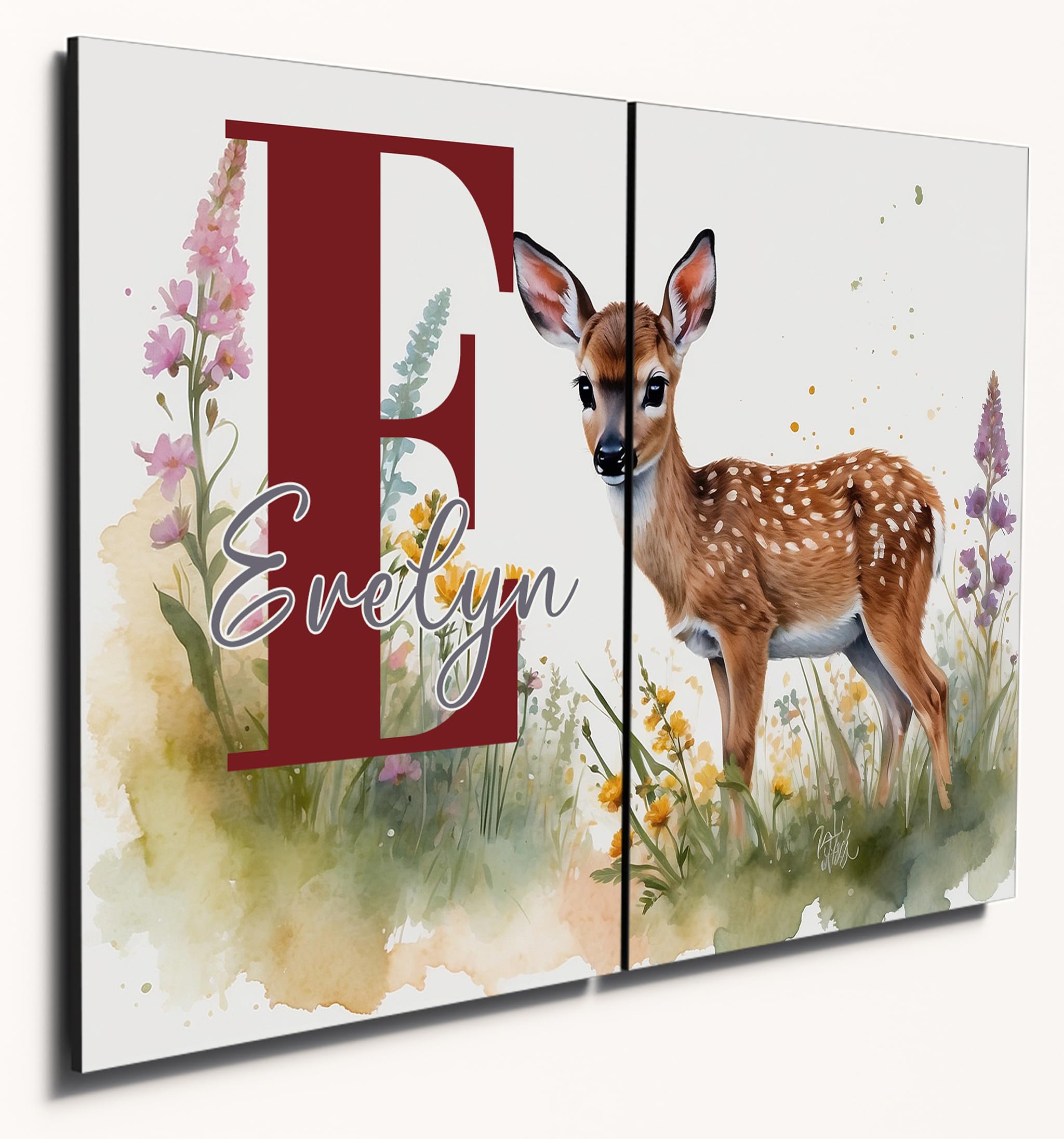 The Plum Penguin Fawn Personalised Watercolour Wall Art, Pastel Mdf Wood A4 Twin Set, Children's Bedroom Decor Canvas Alternative 40 X 30Cm