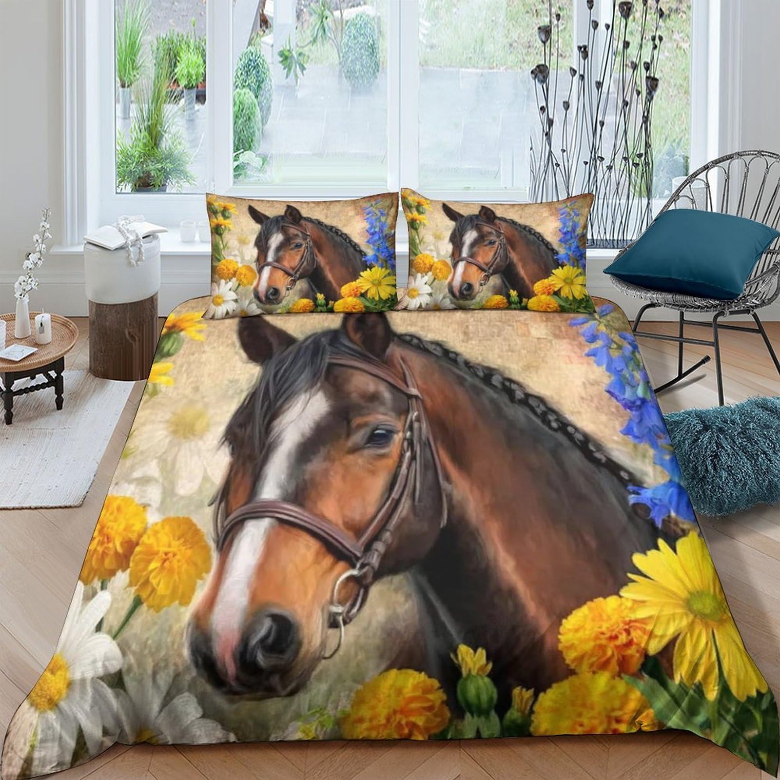 Ctjqhvkz Style-2 3D Printed Horse Meadow Fitted Sheet Microfiber Soft Yellow Floral Bed Sheet For Bedroom Guest Room Decor Single（135X200cm）