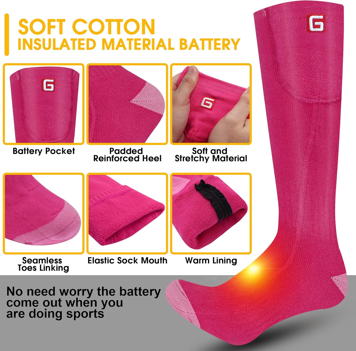 Heated Socks for Women - Pink, Electric Rechargeable Battery Powered Thermal Socks Washable Winter Cotton Foot Warmers for Outdoor Sports Hiking Climbing Hunting - Image 9