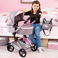 Vista 7 de Bayer: Cochecito versátil City Vario - Gris y rosa con mariposa para muñecas de hasta 20 pulgadas con mango ajustable y funcionalidad reversible