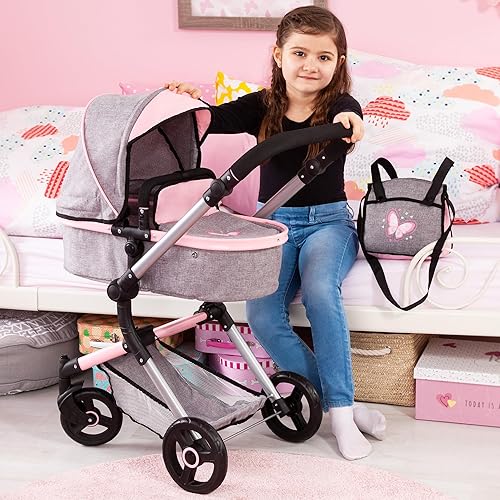 Miniatura 7 de Bayer Cochecito versátil City Vario - Mariposa gris y rosa para muñecas de hasta 20 pulgadas con mango ajustable y funcionalidad reversible, niños