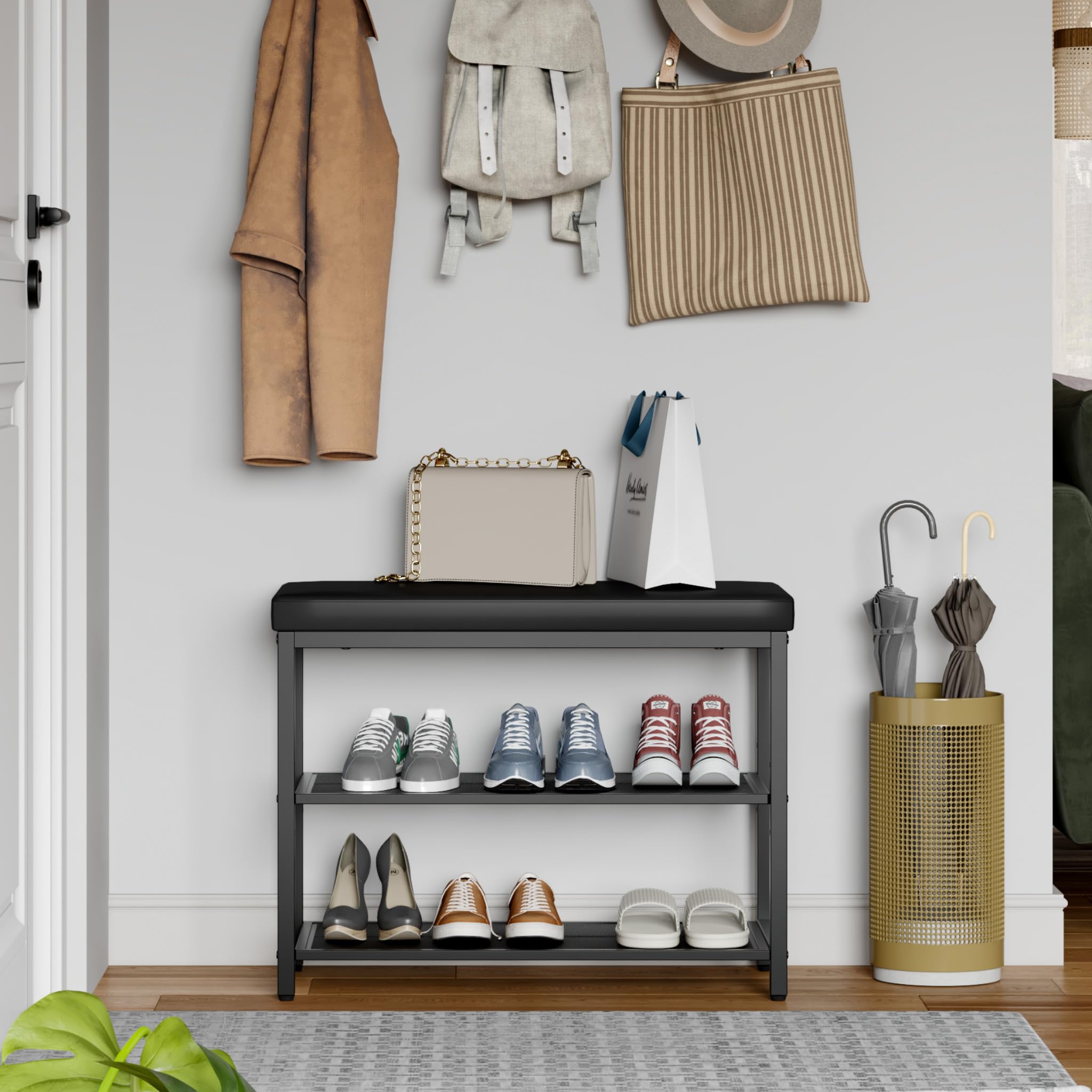 Mondeer Banco de Zapatos de 3 Niveles con Asiento Acolchado, Organizador de Zapatos con Estante de Almacenamiento de Altura Ajustable, Estilo Industrial, para Entrada, Pasillo, Sala de Estar