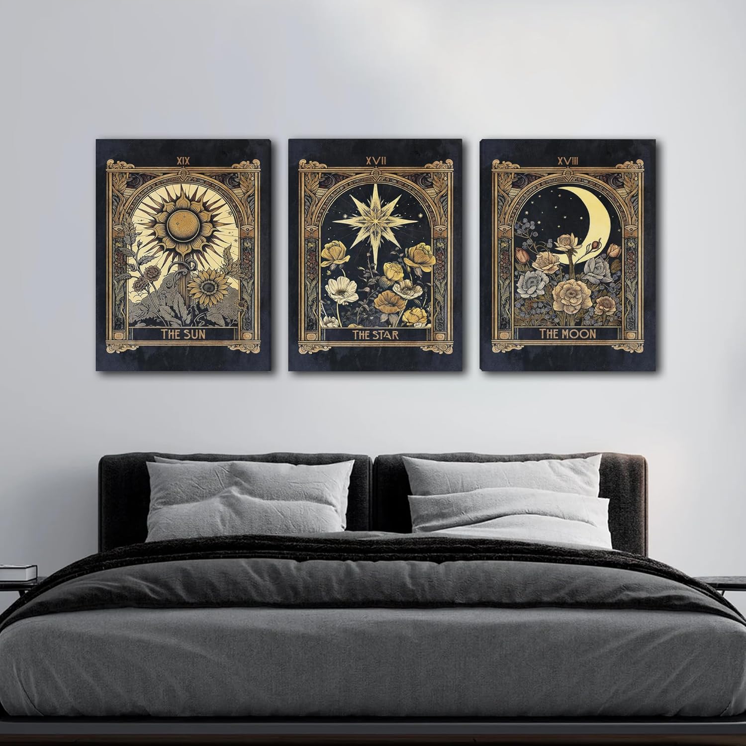 FWAHREN Sun Moon Star Tarot Card Canvas Wall Art Set of 3, Vintage Gothic Celestial Pictures Prints, Mystical Astrology Paintings, Witchy Dark Academia Wall Decor, Bedroom Living Room Office, 12x16in