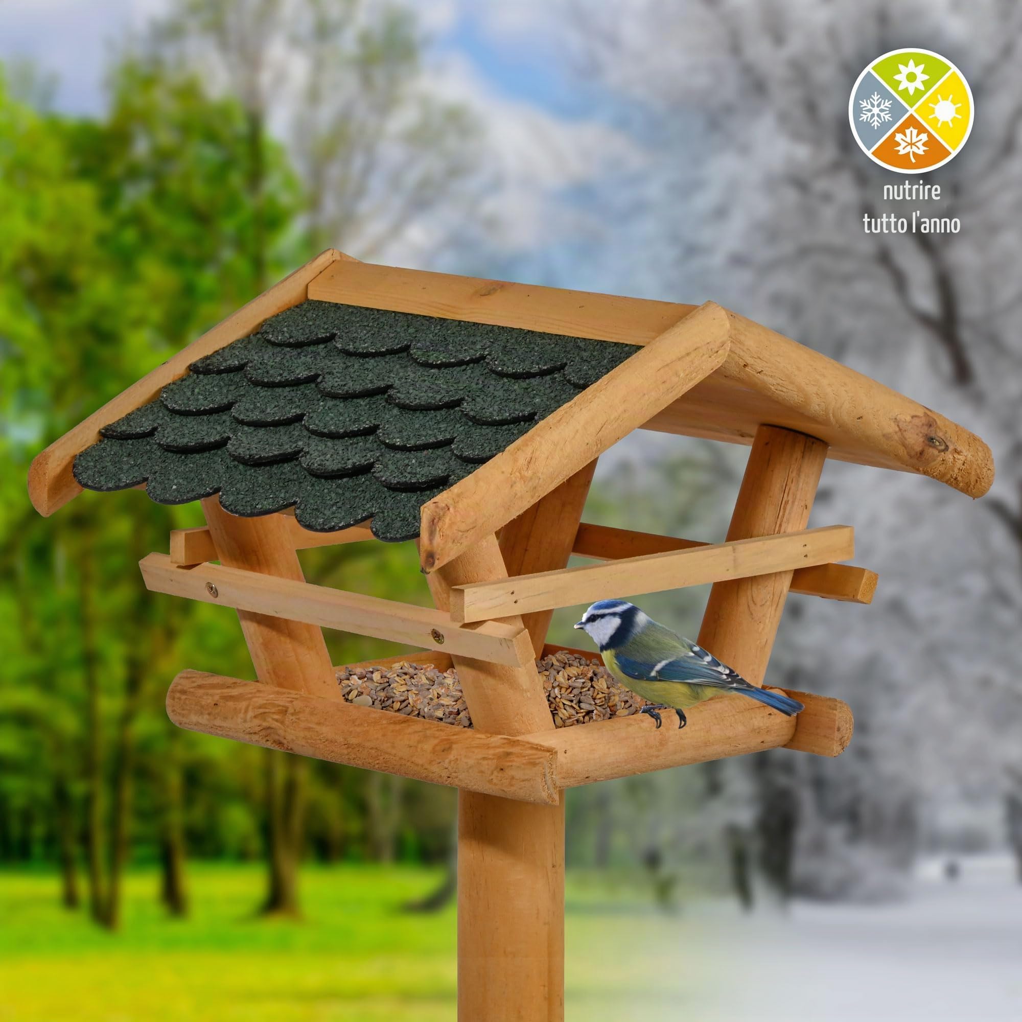 dobar 48100FSC Mangiatoia per uccelli con supporto – Mangiatoia per uccelli in legno con tetto in bitume – Casetta per uccelli con supporto triplo – Villa per uccelli per giardino/terrazza/balcone –