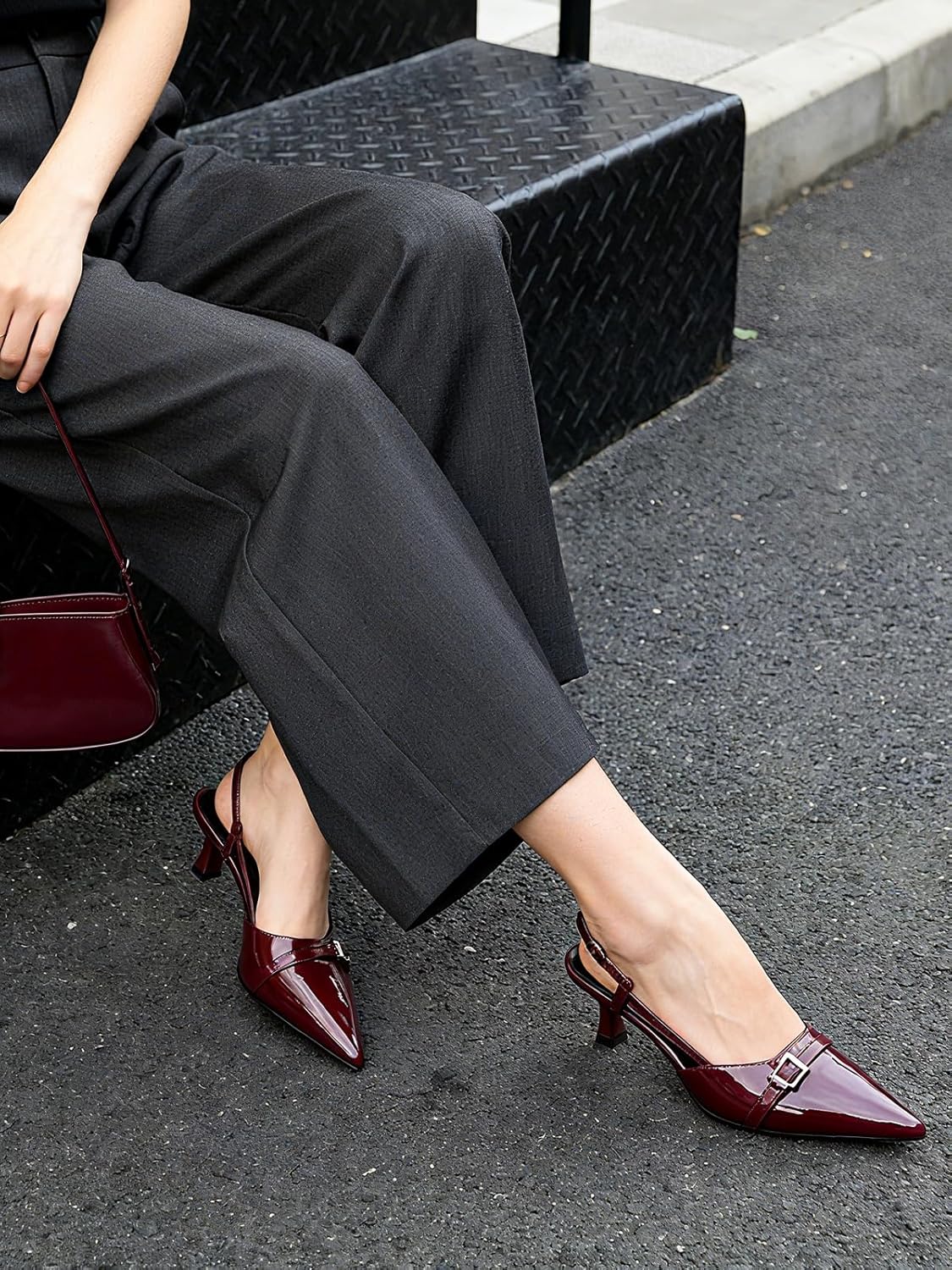 Mostrin Kitten Heels for Women Pointed Toe Pumps Patent Leather Low Heel Slingback Heels with Buckle Dress Shoes for Dating Party Working - Image 6