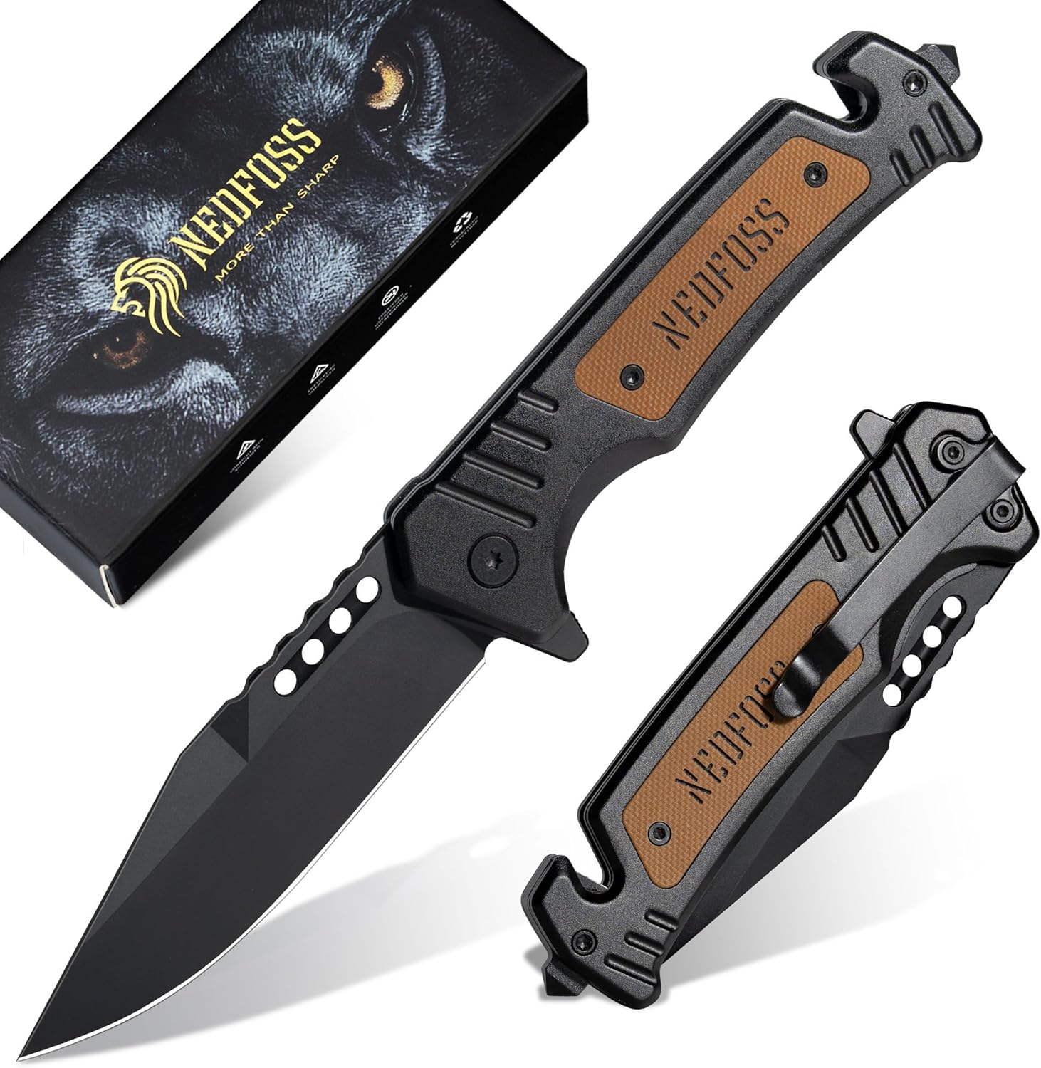 NedFoss NF17 Pocket Folding Knife, 3 in 1 Pocket Knife for Men, Survival Knife with Liner-Lock Belt Clip, Seat Belt Cutter, Glass Breaker, Hunting knife for Tactical Camping