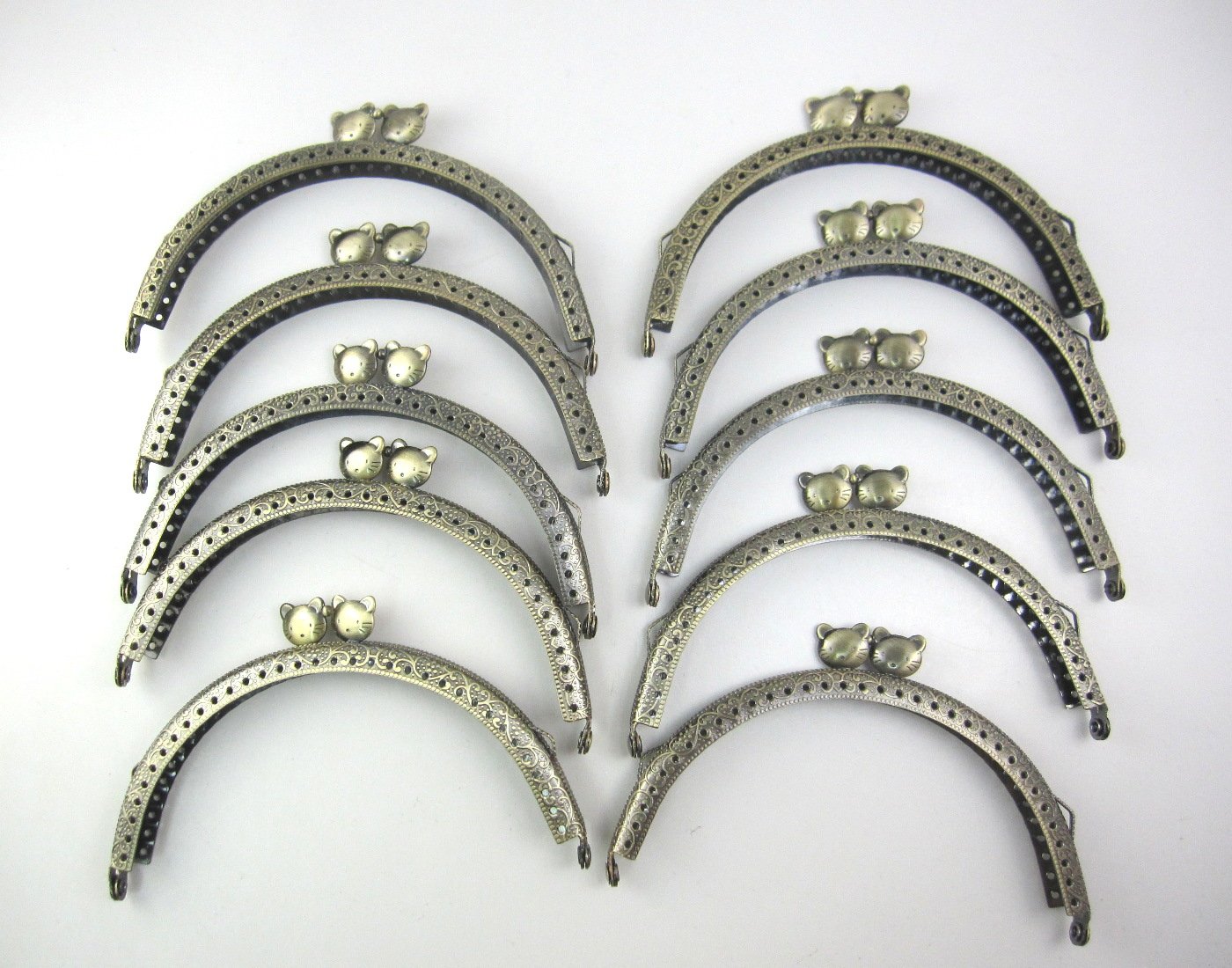 がま口 アンティーク 風 パーツ 角型 くし型 口金 セット 猫 小鳥 うさぎ 選べる 材料 手芸材料 ハンドメイド (くし型 猫 12.5cm  10個)