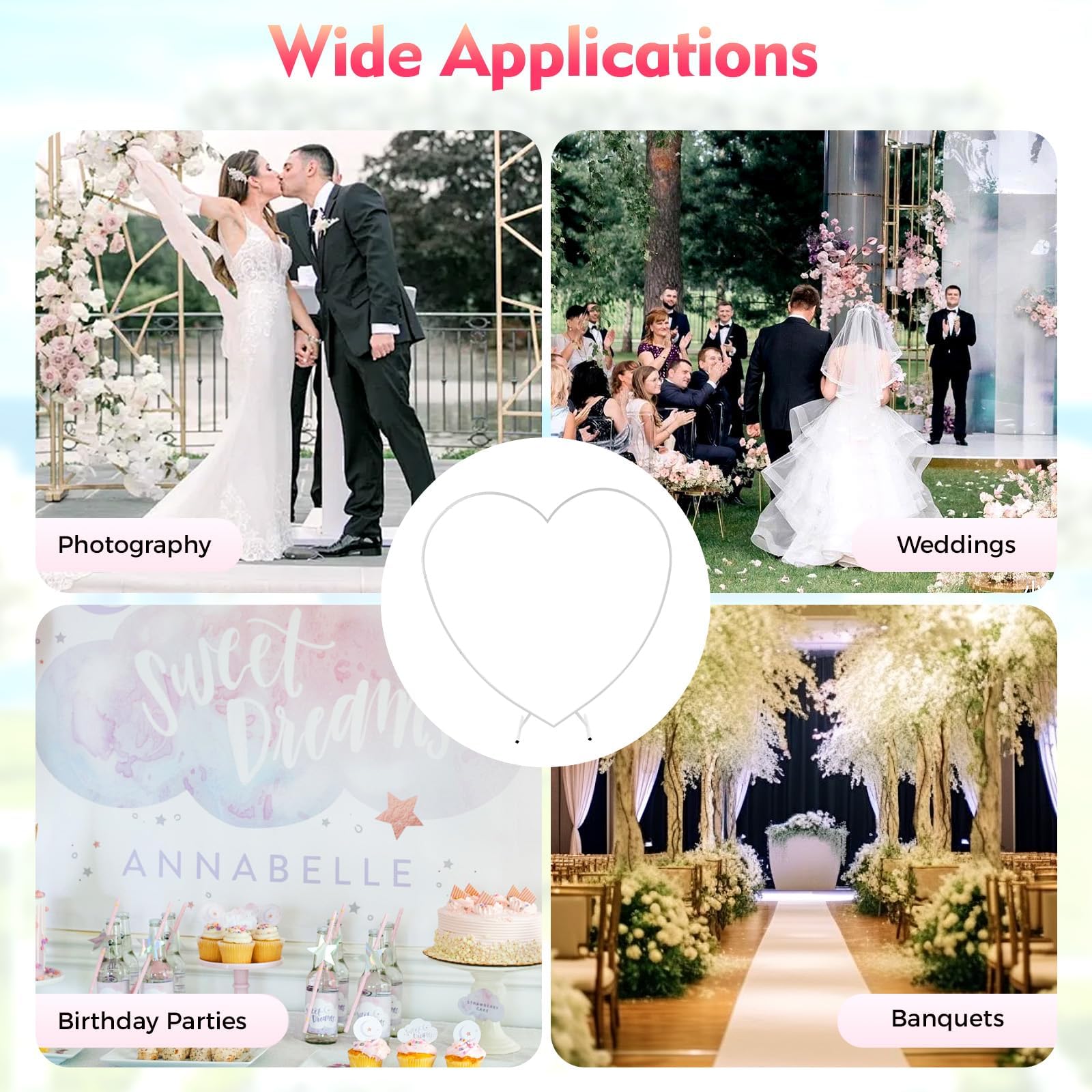 Arco per matrimonio, 2 m, a forma di cuore, arco di palloncini con piede