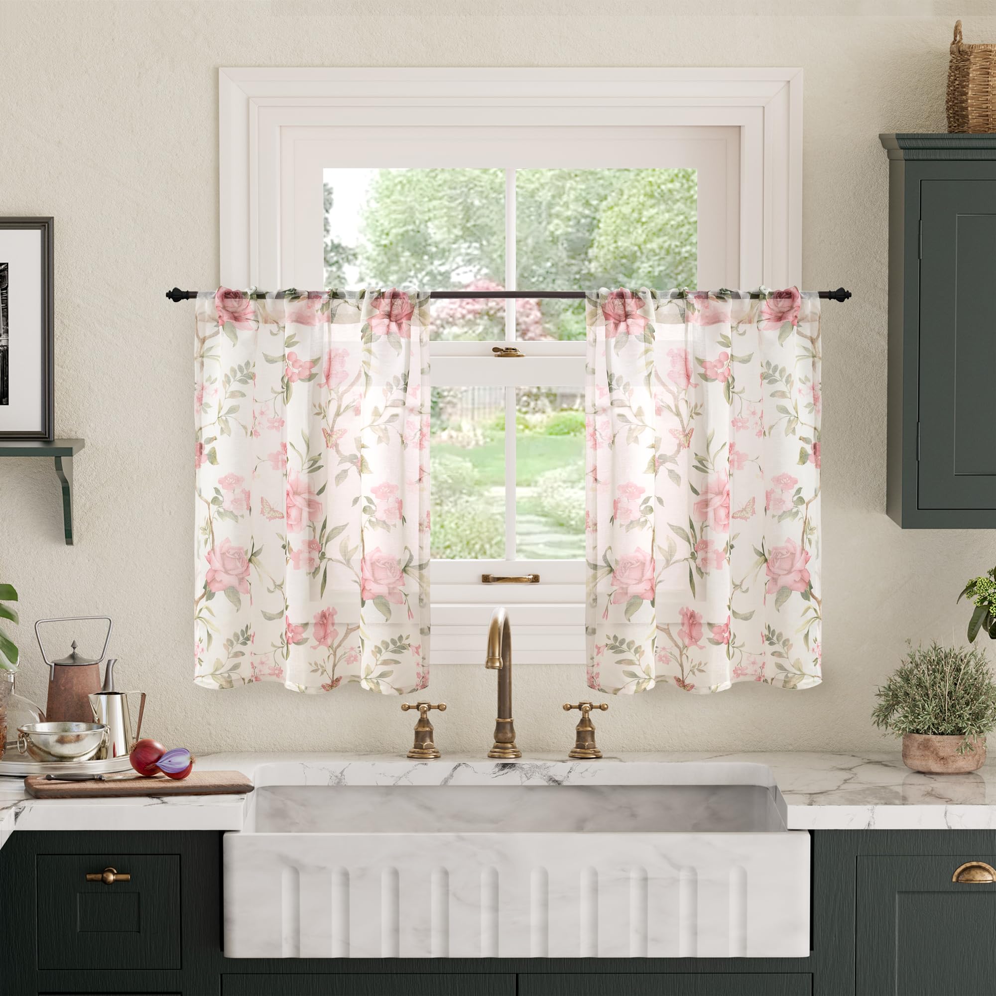Lajode Floral Sheer Curtains for Windows, Short Semi Sheer Light Filtering Vintage Farmhouse Basement Half Cafe Curtains 36 Inch Length 2 Panels Set, Rod Pocket, Pink, Each 30 Inch Wide