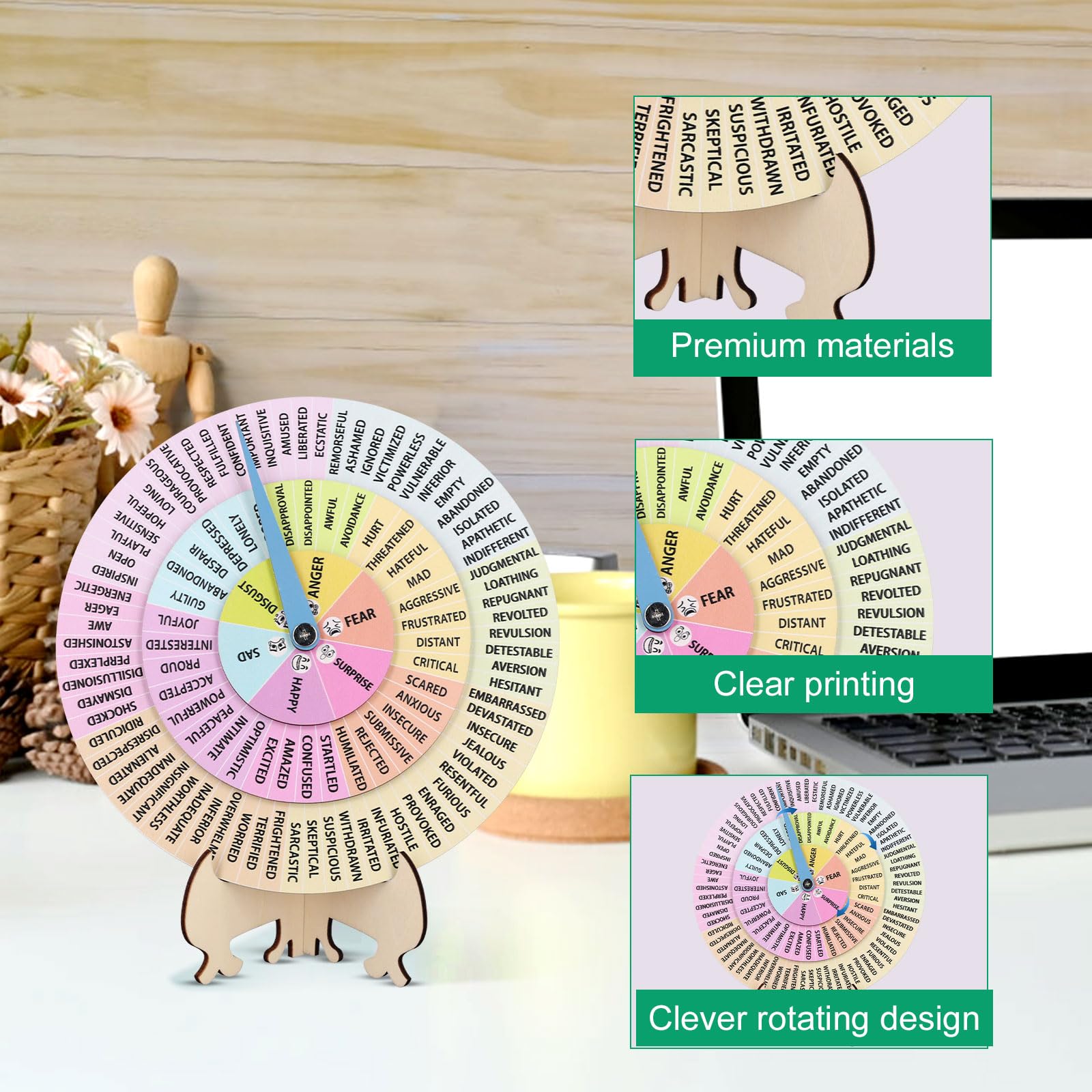 NQEUEPN Feelings Rad mit Ständer, 20 cm Hölzernes Emotionsrad, Diagramm, rotierende Gefühle, Diagramm, Therapeuten, Geschenk für Erwachsene, Frauen, Männer, Zuhause, Büro (grün)