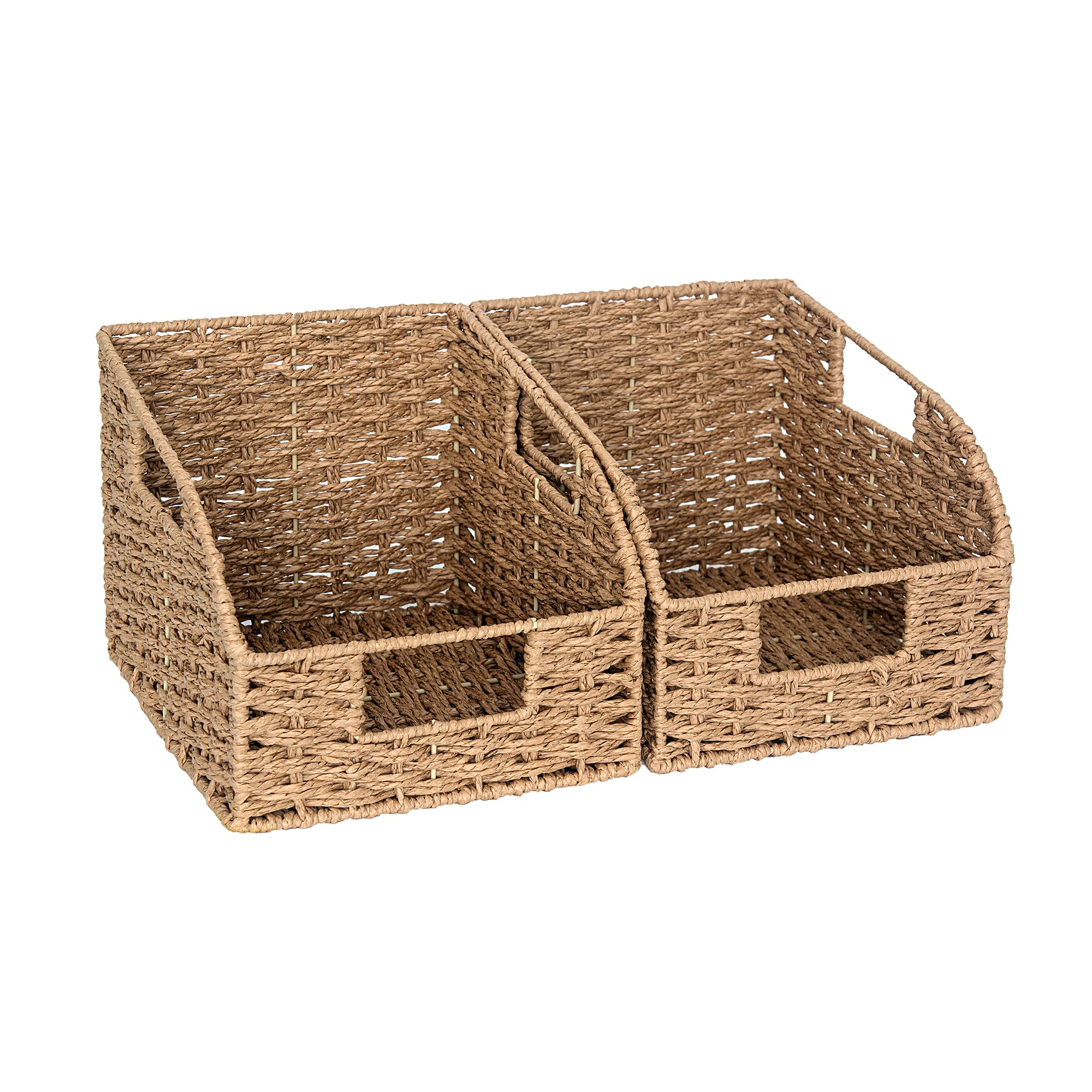 StorageWorks Round Paper Rope Storage Baskets with Built-in Handles, Hand Woven Baskets for Organizing, Light Brown, 8.7”L x 9.8”W x 7.5”H, 2-Pack