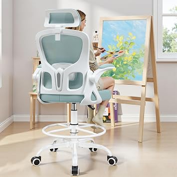 Drafting Chair, Tall Office Chair for Standing Desk, Ergonomic High Back with Headrest, Lumbar Support, Foot Ring and Flip-up Armrests, Light Blue