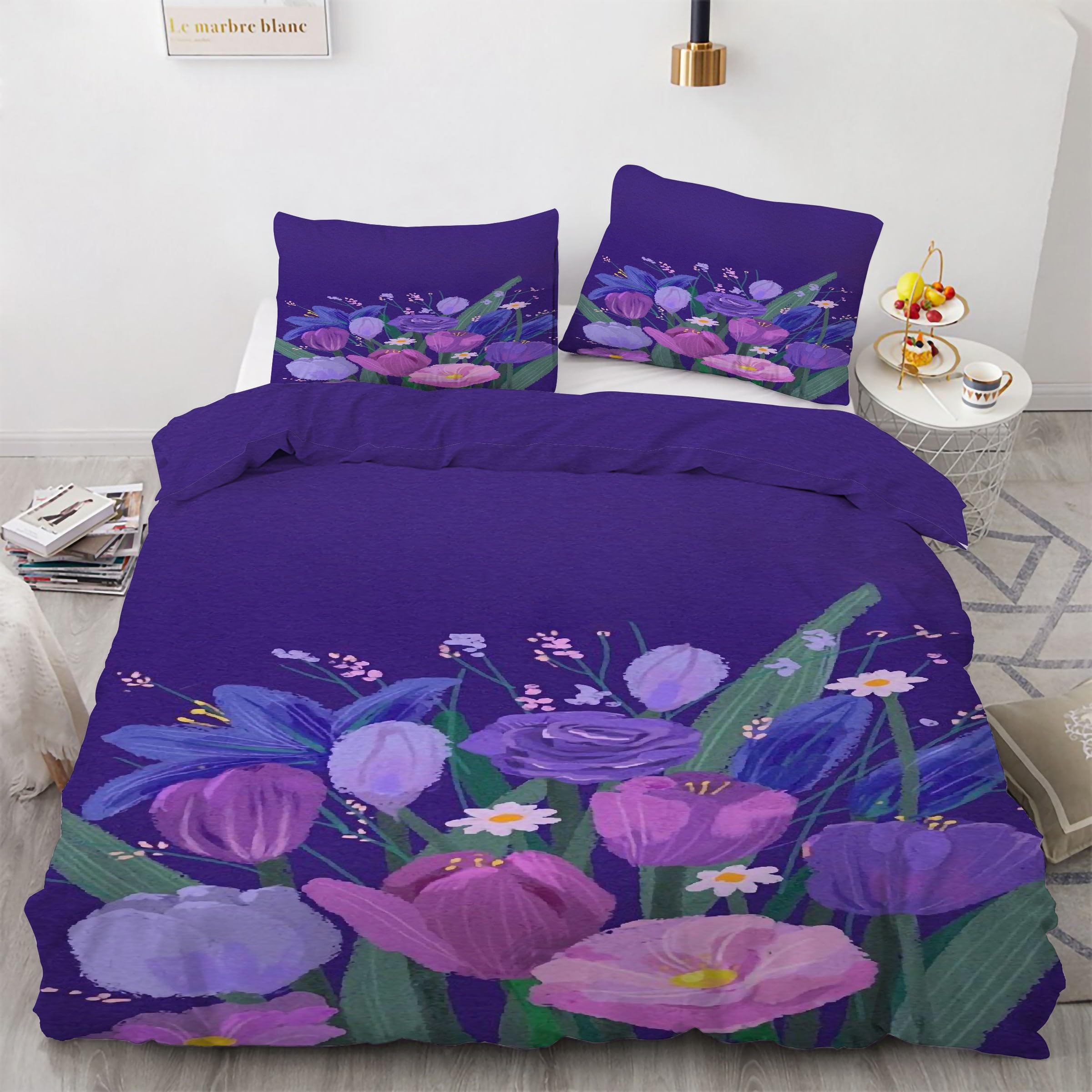 Parure de lit 200x200 violette avec housse de couette imprimé plante à fleurs et taies