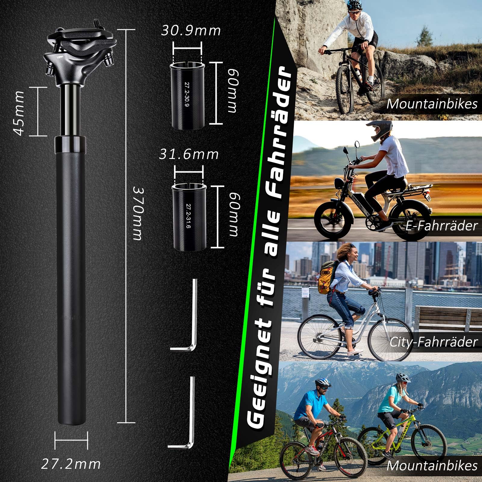 MILFECH Sattelstütze Gefedert [Ø27,2 / 30,9 / 31,6] , Spring Federsattelstütze mit 2 Distanzhülsen,Fahrrad Sattelstange Tragend 55-125kg -Ab jetzt Schmerzfrei,für E-Bike,MTB,Downhill,Trekking Citybike
