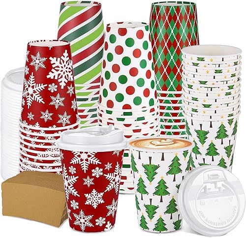 Juego de 100 vasos de papel de Navidad con tapas y fundas para tazas de café, vasos desechables de Navidad de 12 onzas, tazas de bebida para bebidas Juego de 100 vasos de papel de Navidad con tapas y fundas para tazas de café, vasos desechables de Navidad de 12 onzas, tazas de bebida para bebidas