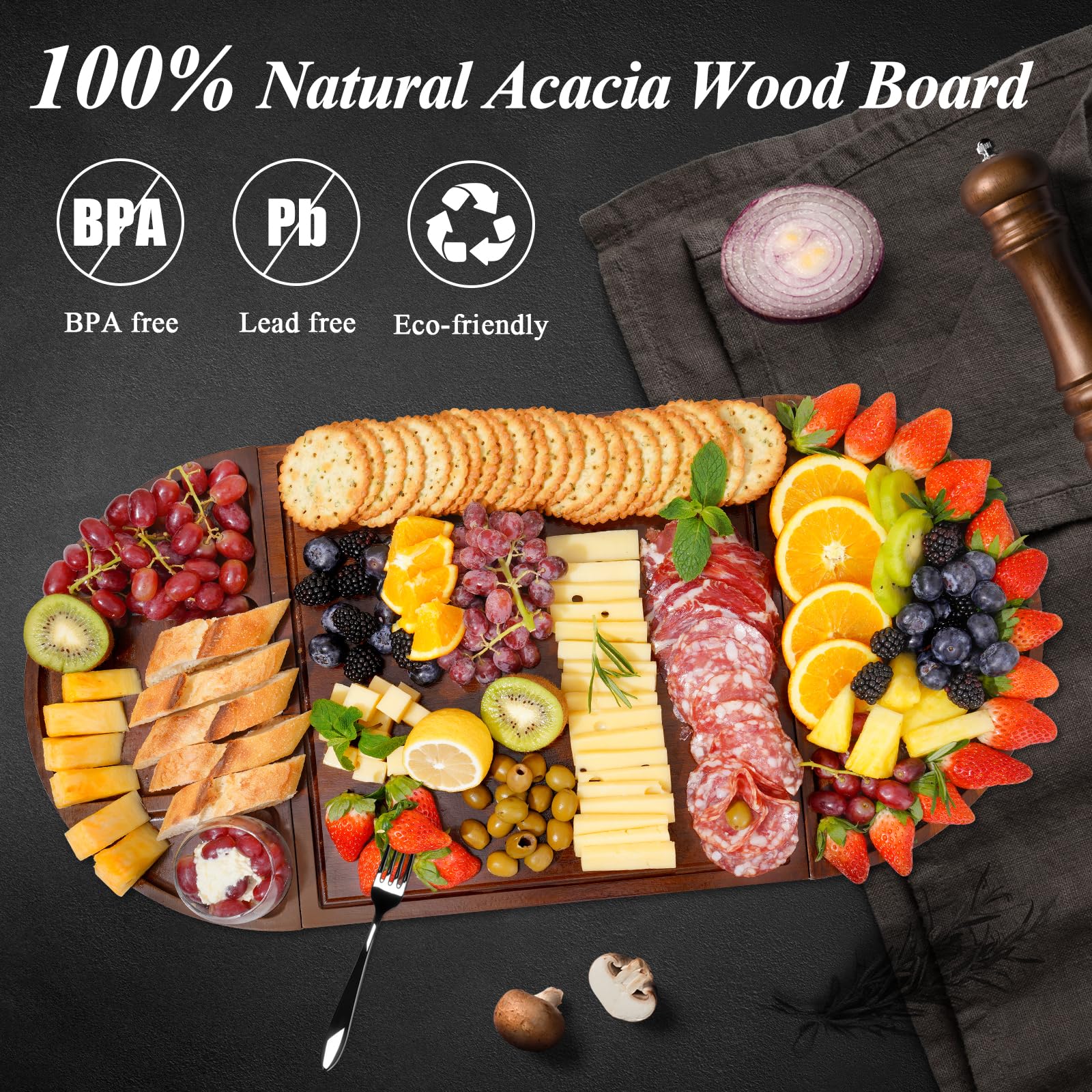 NiHome Tabla magnética de Madera de Acacia Grande de 26 x 13 Pulgadas, para Servir Platos para Entretenimiento, Hermoso Juego de Tablas de Embutidos semicirculares cuadradas de Madera Personalizadas