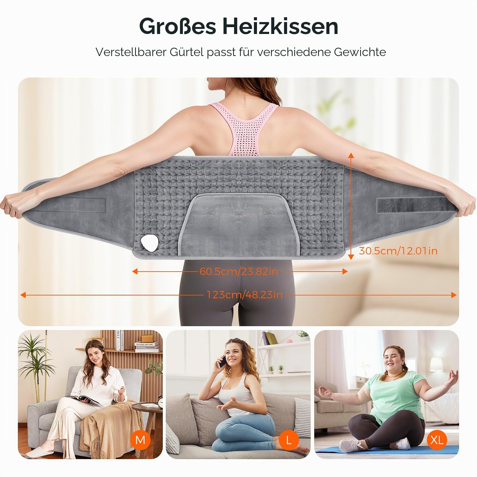 Heizkissen mit Abschaltautomatik, Wärmekissen mit Taillenriemen und 10 Heizstufen, Heizdecke mit Handtasche für Rücken, Nacken, Schulter, Bauch, Maschinenwaschbar