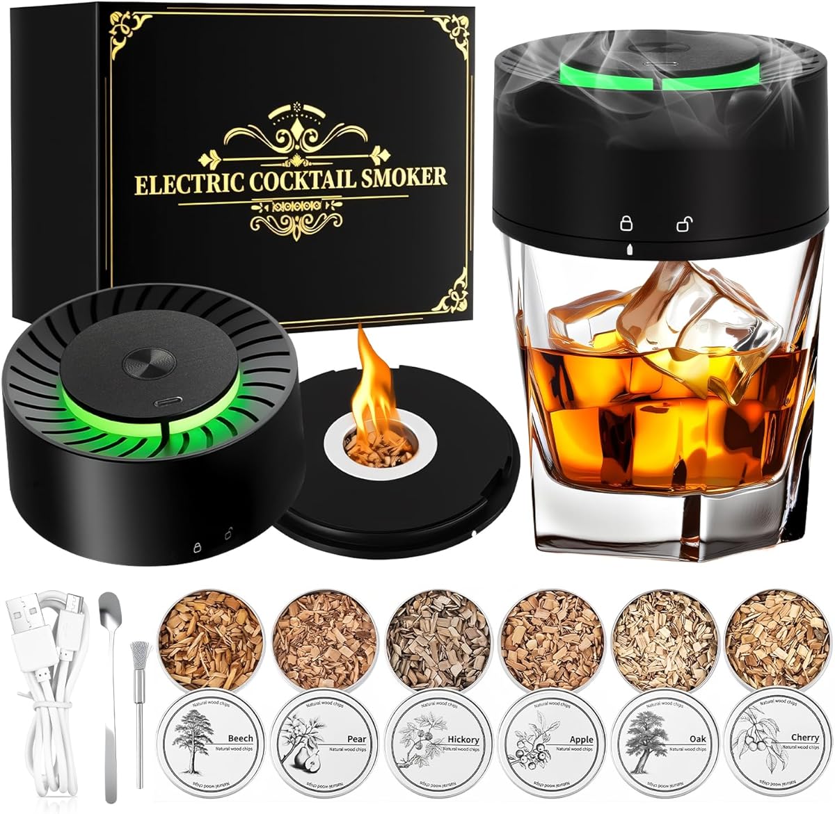 Amazon.com | Electric Whiskey Smoker Kit, Rechargeable Cocktail Smoker Kit with 6 Wood Chips, Built in lighter, No need for butane. With three colors ambient lights. Birthday or Christmas gifts prepared for men.