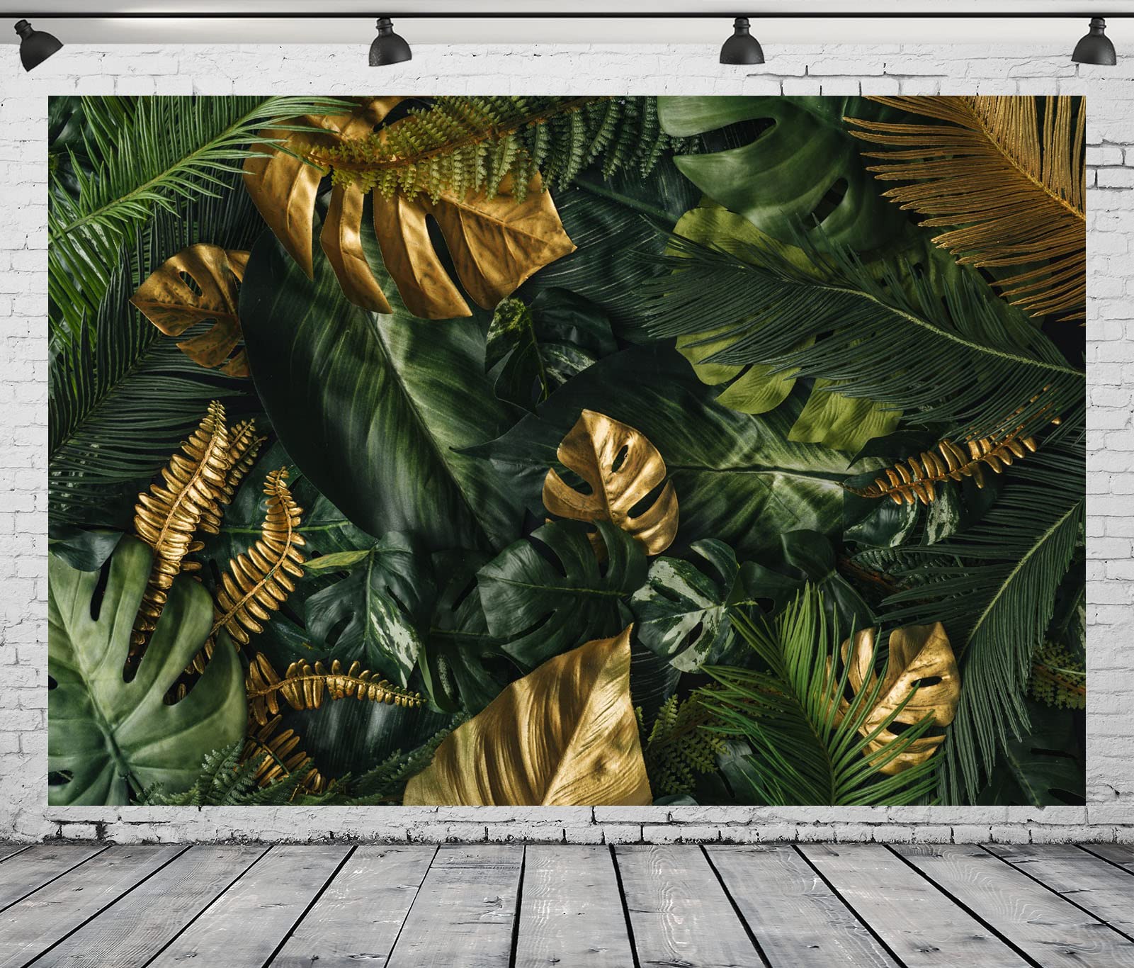 BELECO 12x10ft Fabric Tropical Leaves Backdrop - Gold and Green Palm Leaves Nature Forest Jungle Safari Summer Luau Hawaiian Party Decorations for