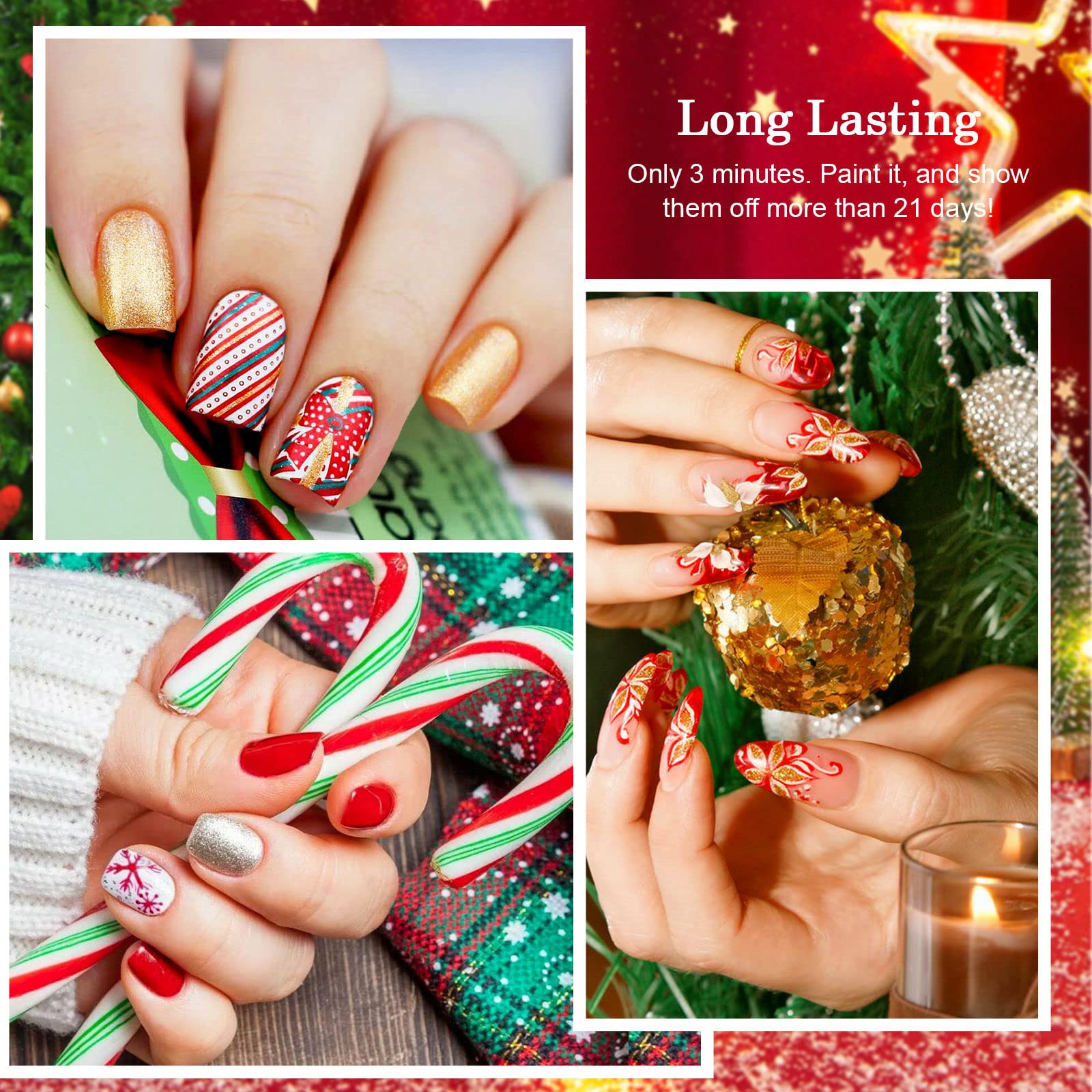 Kit De 6 Vernis Gel UV Semi-permanent Noël - Rouge, Vert, Or, Argent Pailleté, 1.33ml Chacun, Neuf