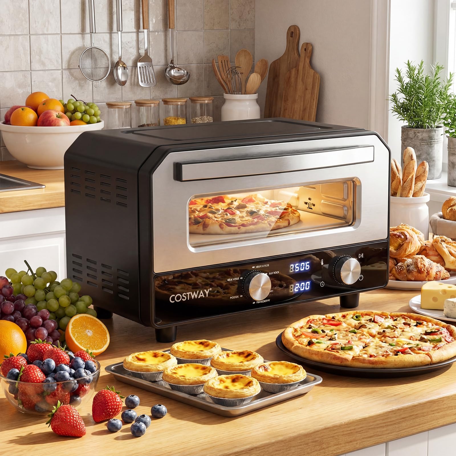 COSTW Four à pizza électrique, 1700W, Four de Comptoir avec 6 Programmes, pour Pizzas de 32 cm, Minuterie de 1 à 60 Minutes, Jusqu'à 400℃, Machine à Pizza avec Pierre à Pizza & Roulette à Pizza