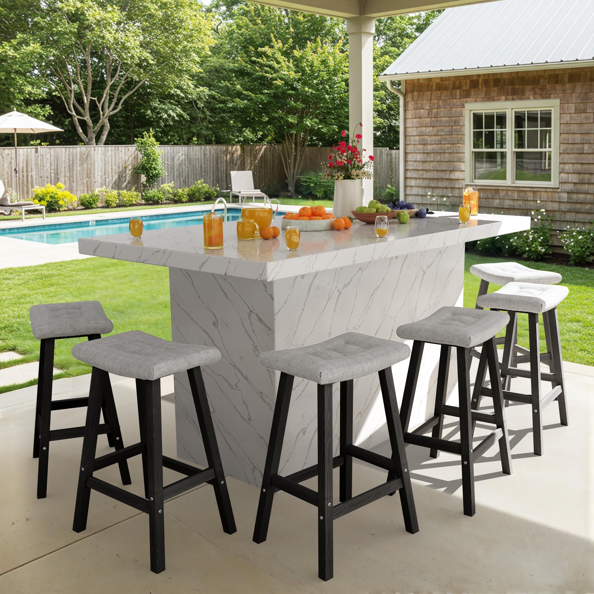 Ciokea 6 Set 29" Outdoor Bar Stools with Cushions, Heavy Duty HDPE Outdoor Stools Weatherproof Waterproof Patio Seats Modern Bar Height Tall BarStools for Bar Deck Balcony Kitchen Yard, Black