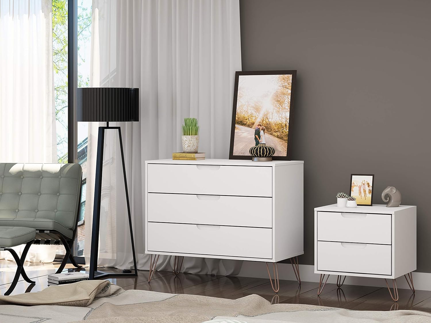 Manhattan Comfort Rockefeller 3 Drawer Dresser and Nightstand Set with Anti-Tip Kit | Bedroom Storage, Closet, Nursery, Living Room, Entryway | TV Stand for 32" Screens, Set of 2, White