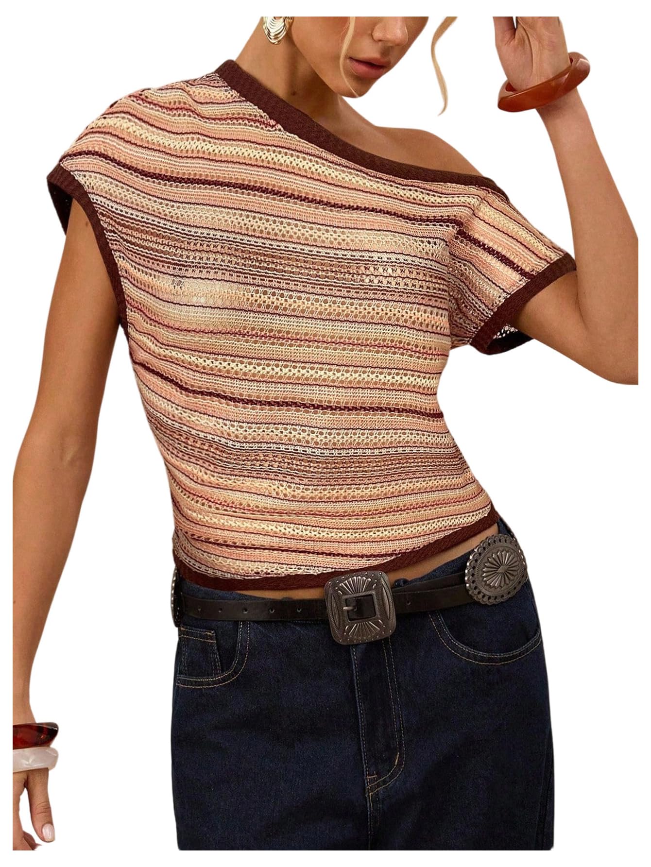 SweatyRocks Womens Striped Off Shoulder Crochet Crop Top Dolman Sleeve Y2k Going Out Top Outfit