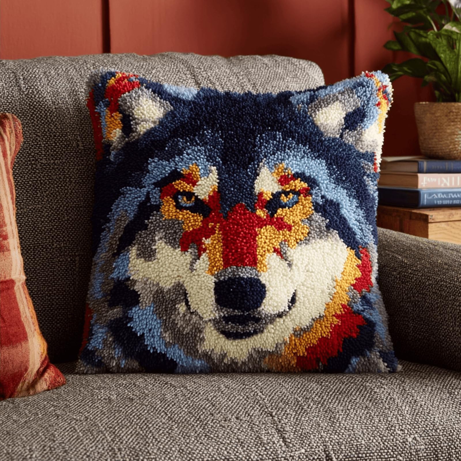 Latch Hook Cushion Kit,DIY Pillow Cover Craft Kit,43x43 cm,Animal Wolf