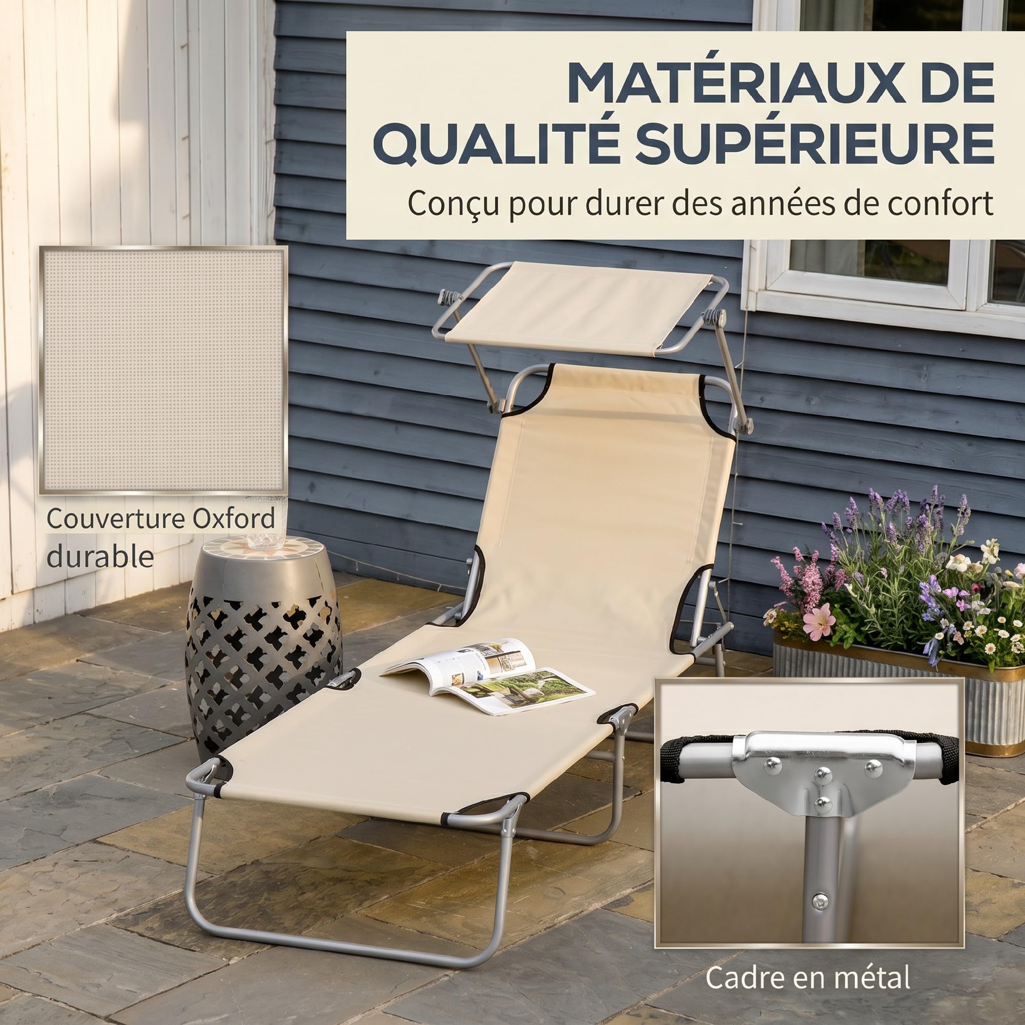 Outsunny Transat Bain de Soleil Pliable 187L x 58l x 36H cm Beige