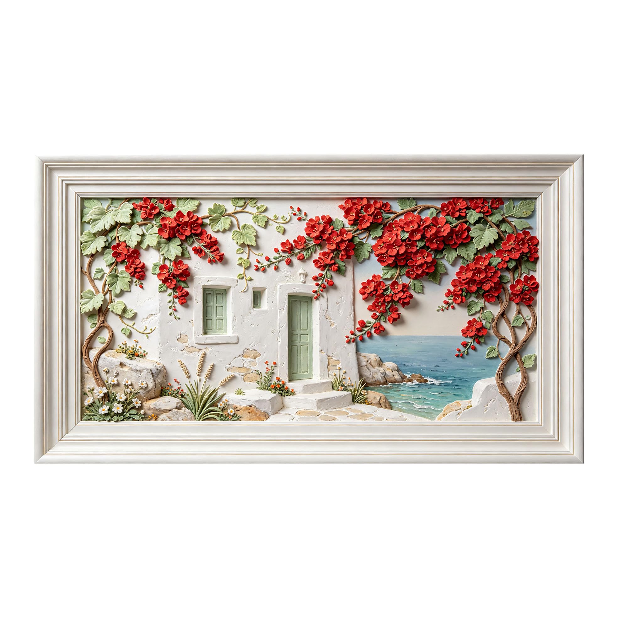 Murasolite 3D Framed Wall Art Mediterranean Coastal Floral Relief Effect SelfAdhesive Fabric Mural Wall Decor， Peel and Stick No Damage to Wall， AntiFall Safe Design for Bedroom Living Room