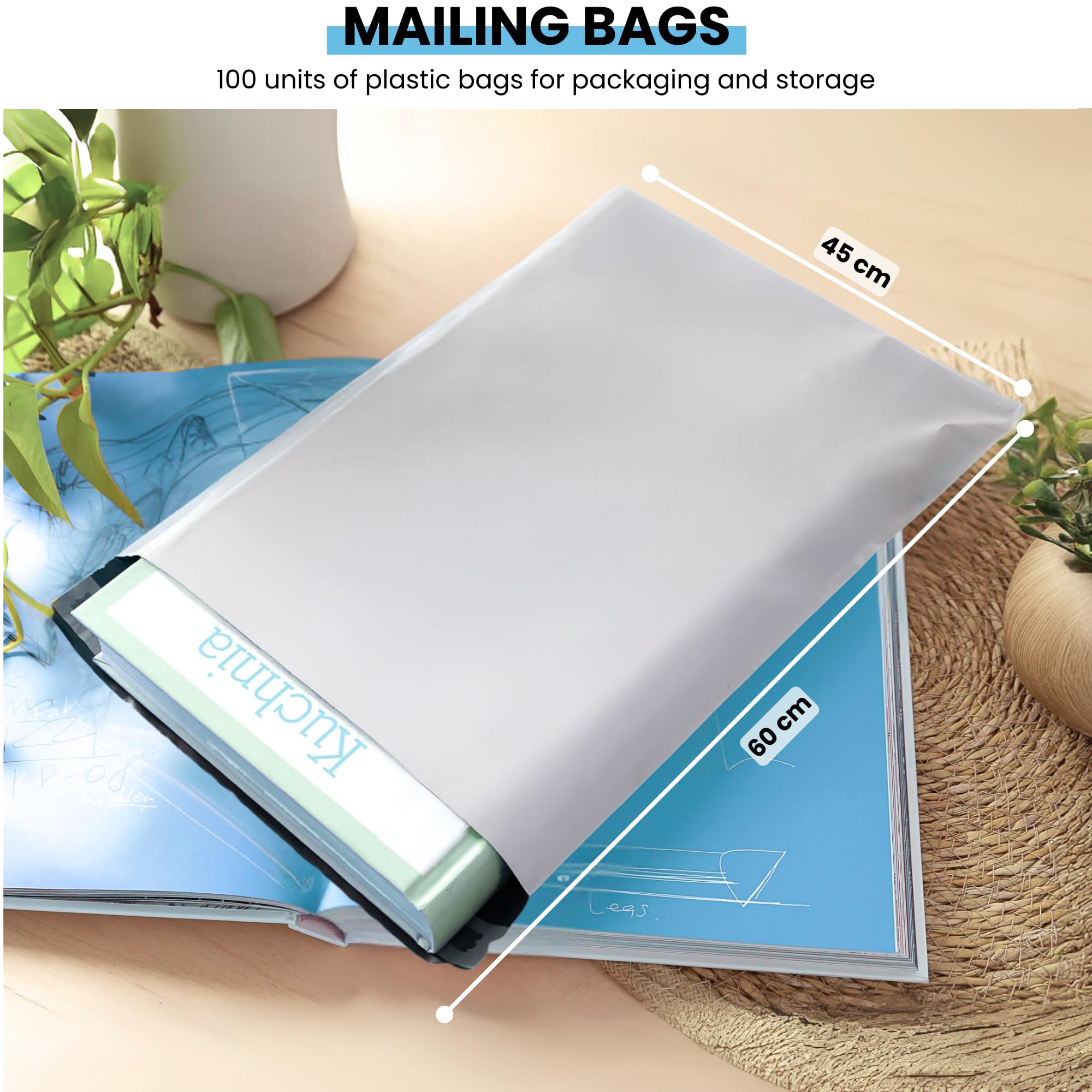 MAGIC SELECT 100 Enveloppes Plastiques 45x60 cm. Sacs d’Envoi Blanches Opaques Autocollantes, Emballage Imperméable et Résistant pour Vêtements, Livres, Chaussures et Colis