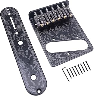TUOREN 6 String Telecaster Bridge Plate 3 Way Switch Control Plate Set with Beautiful Decorative Pattern for Tele Telecaster Electric Guitars Replacement Parts Black