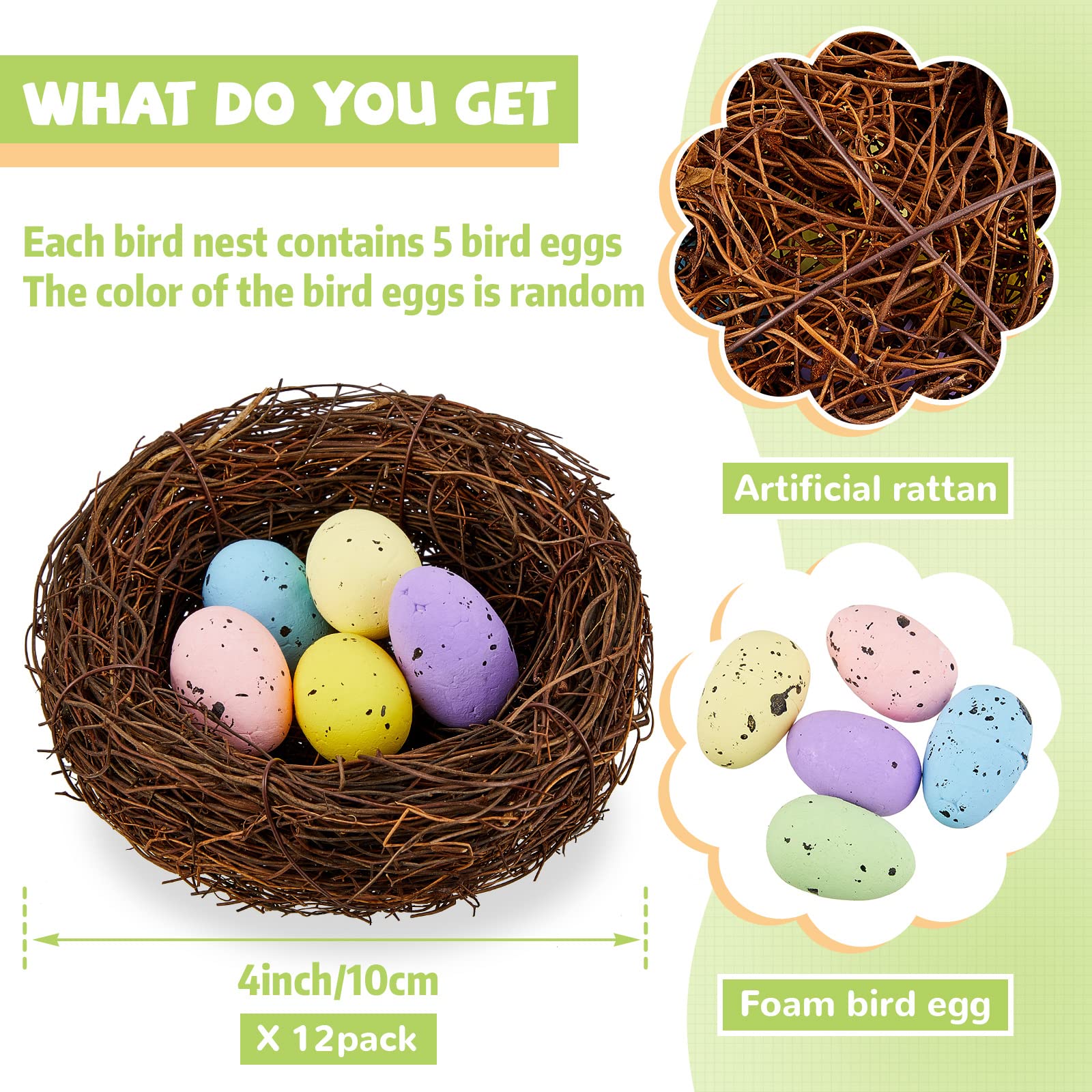 Tatuo 12 Pcs Easter Bird Nest with 60 Pcs Eggs Spring Party Decoration Handmade Miniature 4 Inch Birds Nests Decorative for DIY Spring Displays and Easter Decorations(Pale Yellow,Light Green)