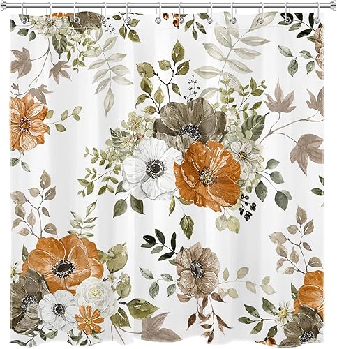 Miniatura 6 de LB Grey and Orange Flower Shower Curtain Sets with Rugs Autumn Country Plant Watercolor Floral on White Fabric Shower Curtain with Hooks Fall