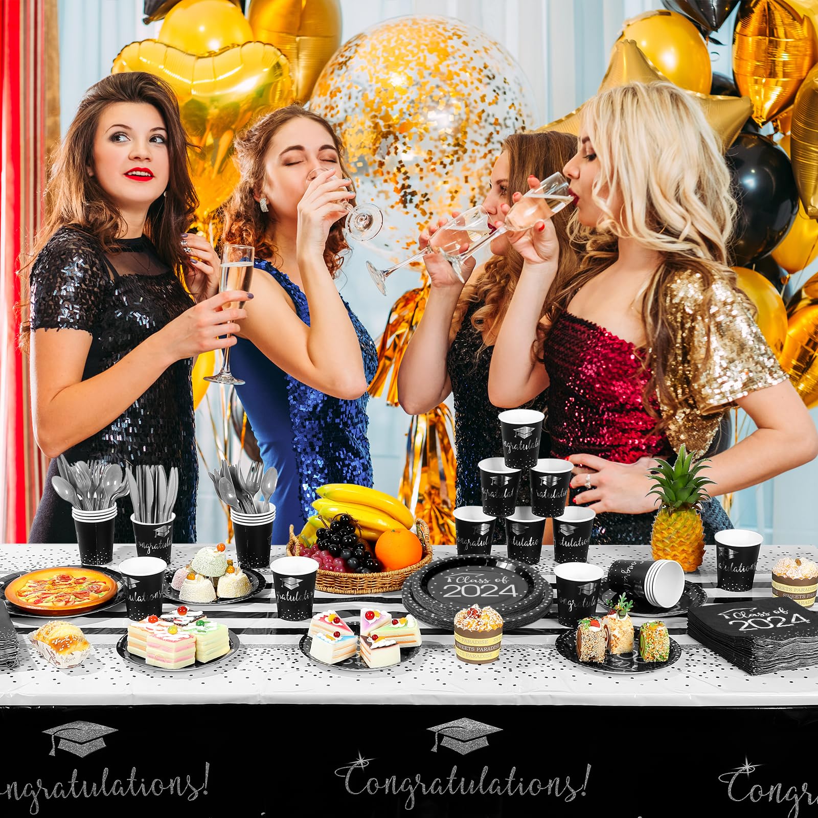 700pcs Class of 2024 Graduation Plates and Napkins Set, Disposable Paper Plate Set Polka Dots Plates Napkins Cup Knife Fork Spoon for Graduation Party Decorations and Supplies,Serve 100 (Black Sliver?