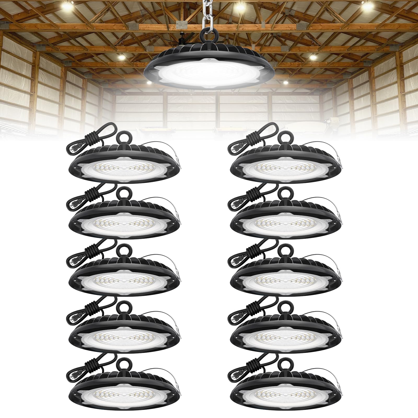 HYPERLITE UFO Led High Bay Light: 150W LED High Bay Lights with 18000LM, 5000K Daylight, Plug and Play with 6ft Cable, UFO high Bay with 120V Plug for Barn Garage Workshop Shop 10Packs