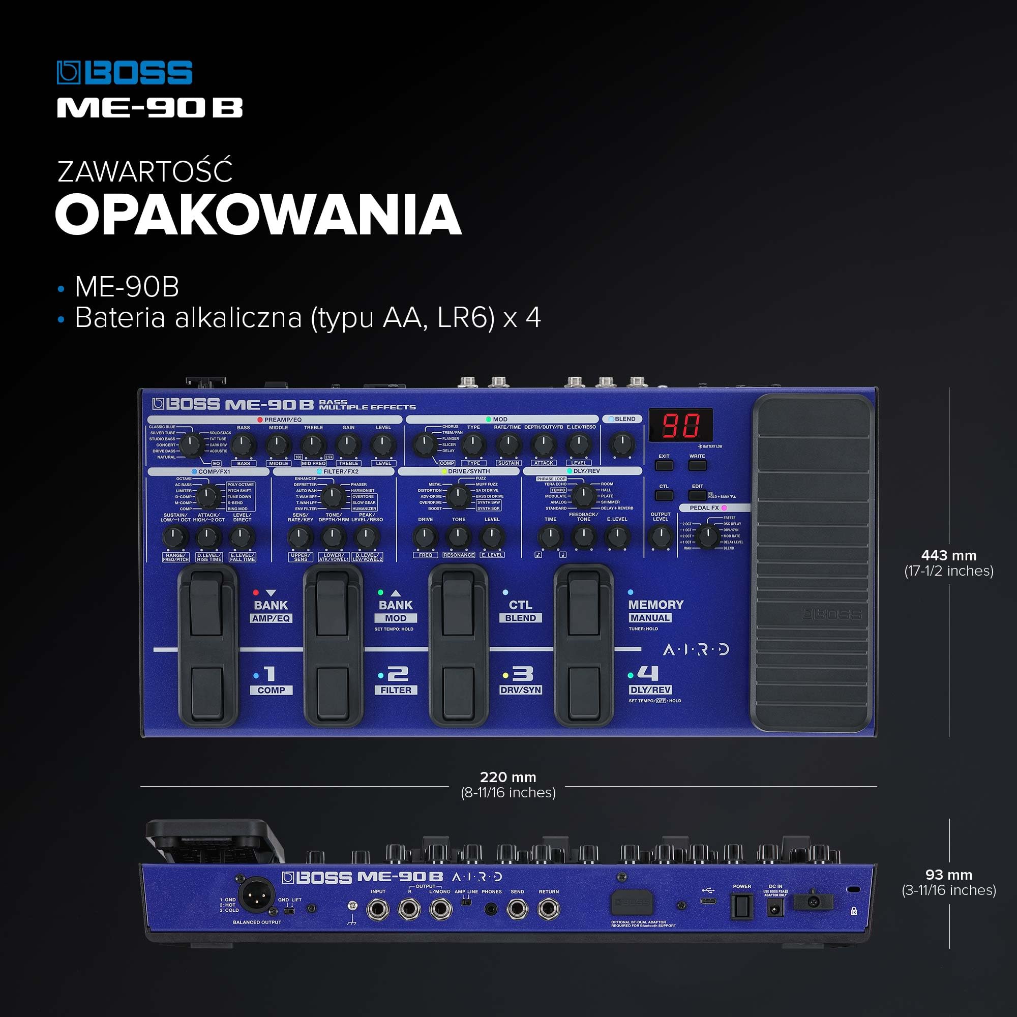 BOSS ME-90B Multiefekt Basowy | Uniwersalny Procesor Basowy | 10 Wbudowanych Modeli Wzmacniaczy AIRD | 61 Efektów z Biblioteki Efektów Basowych BOSS | 61 efektów z biblioteki efektów basowych BOSS | 8 wielofunkcyjnych przełączników nożnych i przeprojektow