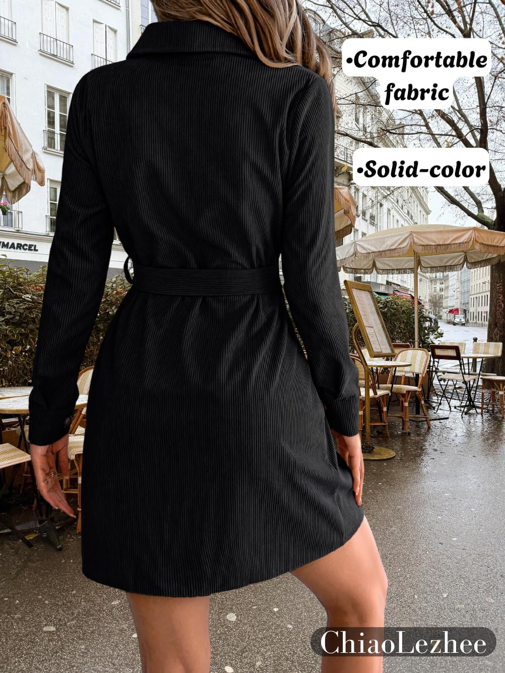 Women's Business Casual Corduroy Shirt Dress, Collared Button Down with Belt Cinched Waist, Winter Short Dresses - Image 5