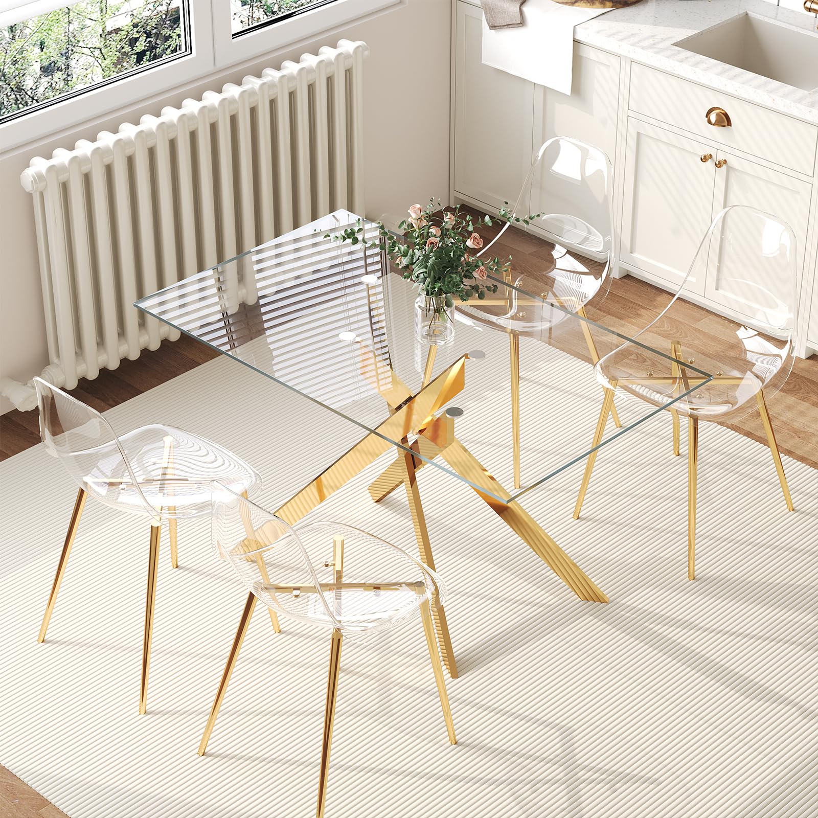 WCFI 51" W Clear Glass Dining Table Set for 4, Rectangular Glass Dining Table with Glod Metal Legs, 4 Transparent Plastic Chairs, for Kitchen, Dining