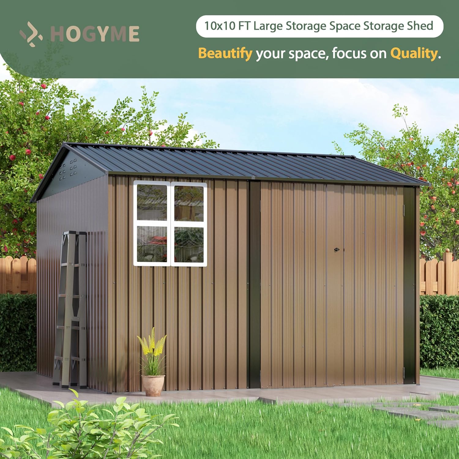10x10 FT Outdoor Storage Shed, Large Metal Tool Sheds with Updated Frame Structure and Lockable Doors, Garden Shed for Backyard Garden Patio Lawn, Brown 10x10 FT Outdoor Storage Shed, Large Metal Tool Sheds with Updated Frame Structure and Lockable Doors, Garden Shed for Backyard Garden Patio Lawn, Brown
