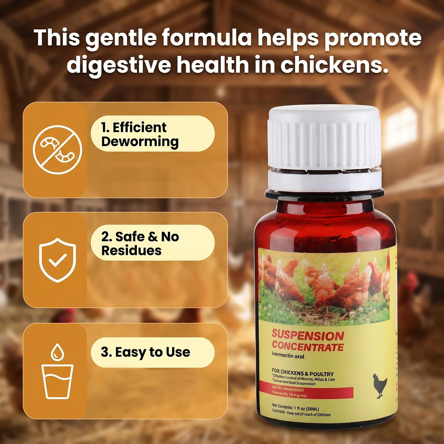 Condition photo showing New/Like New for miguelina dewormer for chickens and poultry, suitable for hens and birds, expelling tapeworms, roundworms and hookworms, 1 fl oz