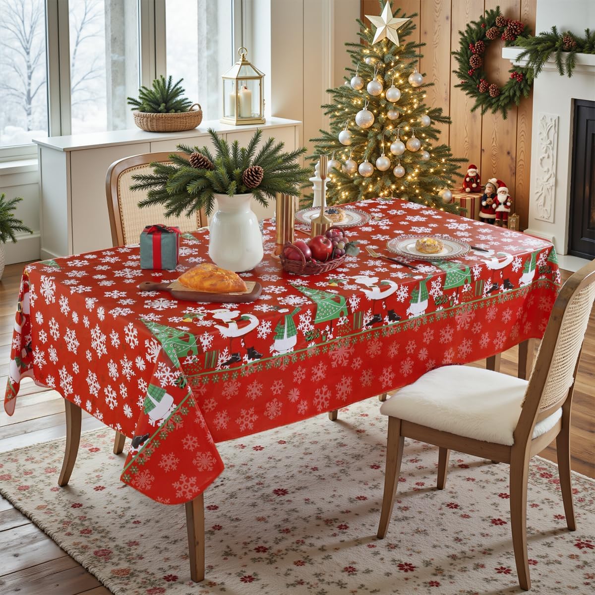 Honellaty Christmas Rectangular Tablecloth, Red Table Cloth with Sled, Poinsettia and Bell Decorations, Heavy Weight & Spillproof Table Cover for Dining, Kitchen, Indoor and Outdoor 60×102 Inch