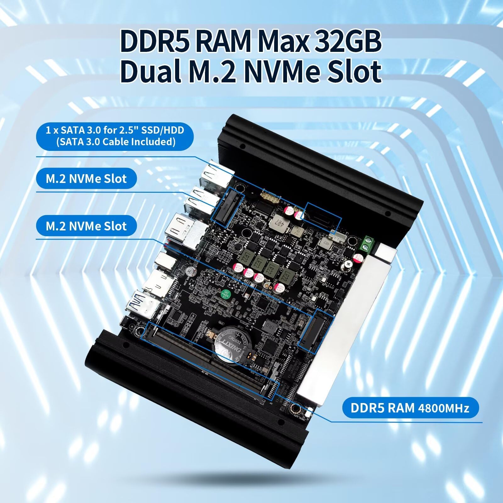 Firewall Mini PC N97 up to 3.6 GHz, 6 x i226V 2.5GbE LAN OPNsense Router Micro Appliance, Barebone, AES-NI, Fanless Computer Hardware, DDR5, 2 x NVMe Slot, 2 x SATA3.0, 2HD+USB-C 3 Display