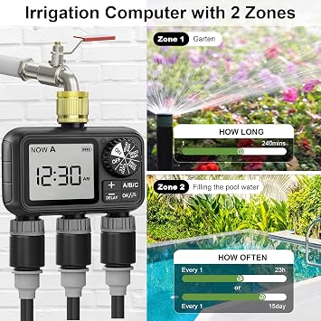 Watering Computer, Watering Clock with Rain Delay/Automatic and Manual Mode, IPX5 Waterproof/Large Display LCD Display Water Timer for Garden Lawn (3 Outputs 1T)